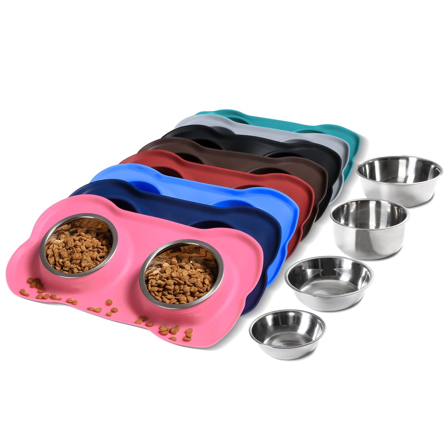Hubulk Pet Dog Bowls Set – 2 Stainless Steel Bowls with No Spill Non-Skid Silicone Mat & Pet Food Scoop – For Small, Medium, Large Dogs & Cats (Pink)
