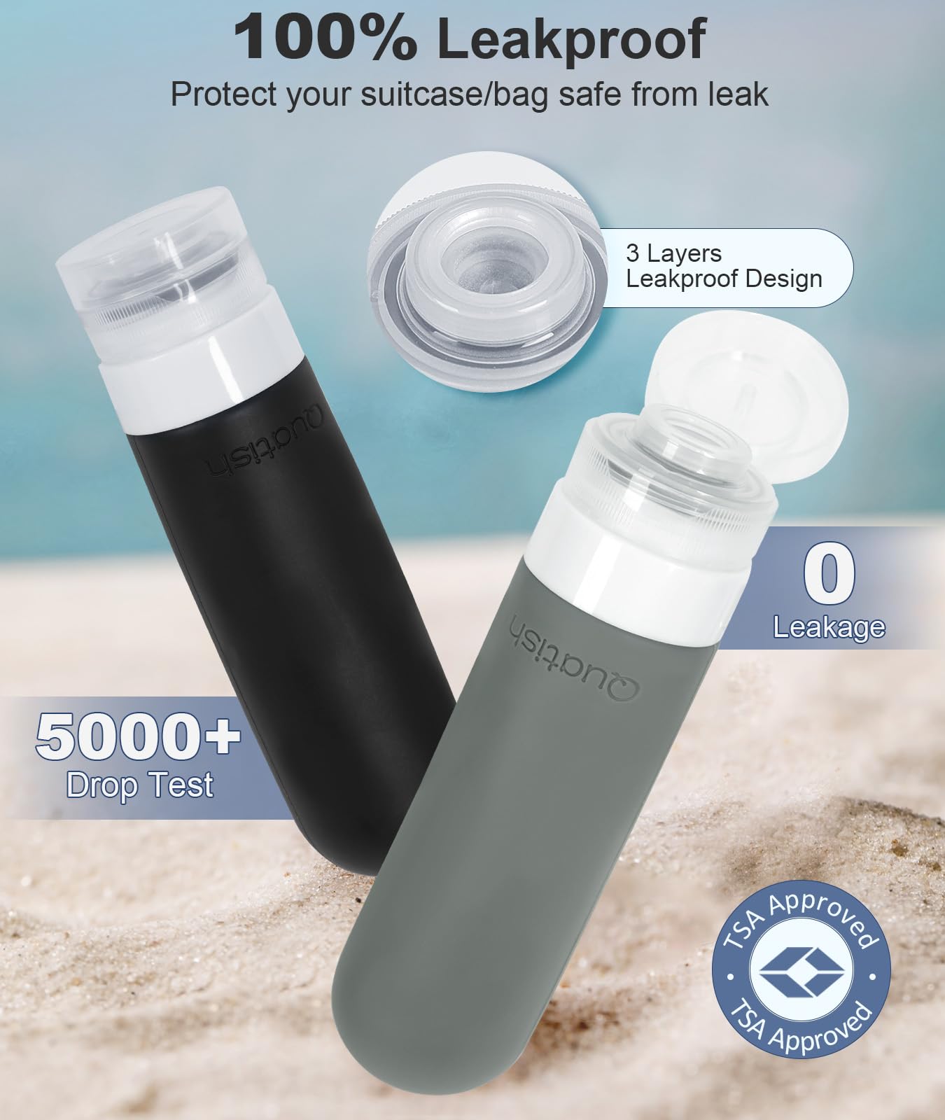 Quatish Travel Bottles for Toiletries 6 Pack, Original Patented Leakproof 3 oz Tsa Approved Travel Size Containers, BPA Free Silicone Shampoo Beauty and Personal Care Quatish