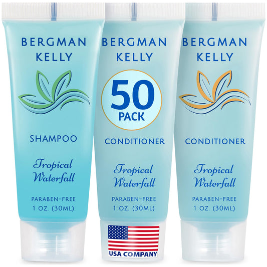 Bergman Kelly - Travel Shampoo and Conditioner Set - 1 fl oz, 100 Pieces, Tropical Waterfall - Delight Your Guests with Invigorating and Refreshing