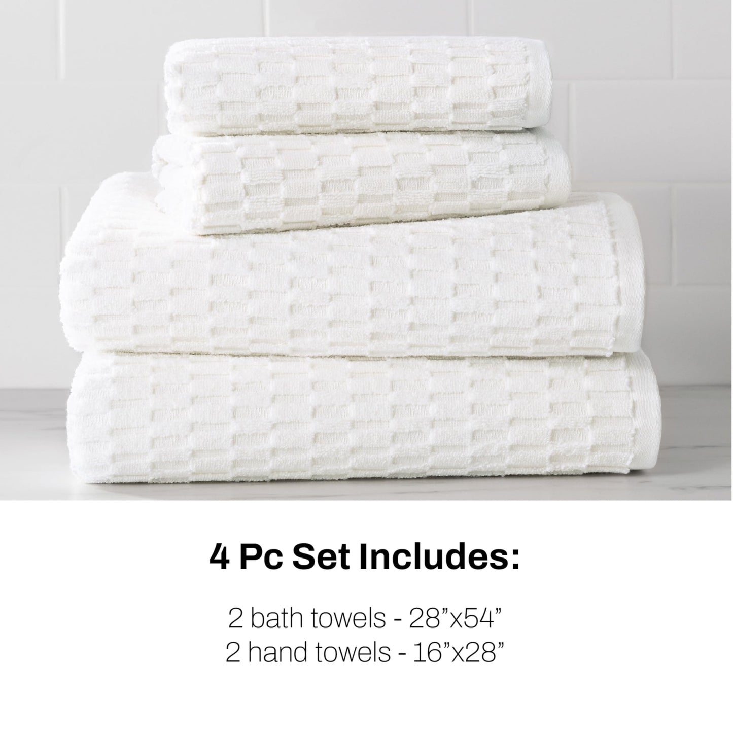 DKNY Metro Tile Quick Dry 100% Cotton Towel Set for Bathroom - 2 Bath, 2 Hand, Zero Twist, Absorbent, Supremely Soft, 550 GSM, 4 Piece, White