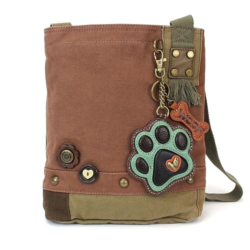 Chala Canvas Crossbody Messenger handBags with Keyfob/Coin Purse - (Green Paw) (Mauve- Teal Paw)