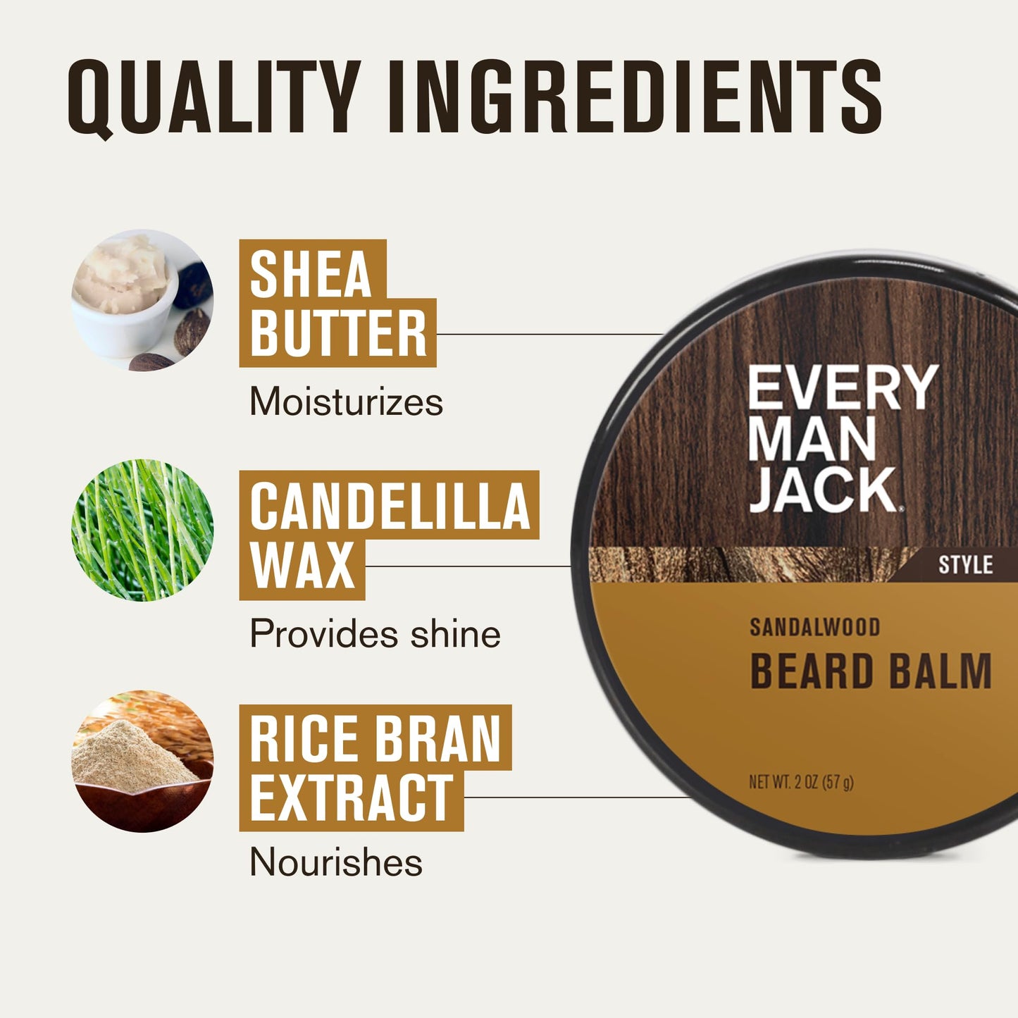 Every Man Jack Beard Balm - Moisturize, Strengthen And Style Your Beard w/Medium Hold - Light Sandalwood Scent - Made w/Naturally Derived Ingredients
