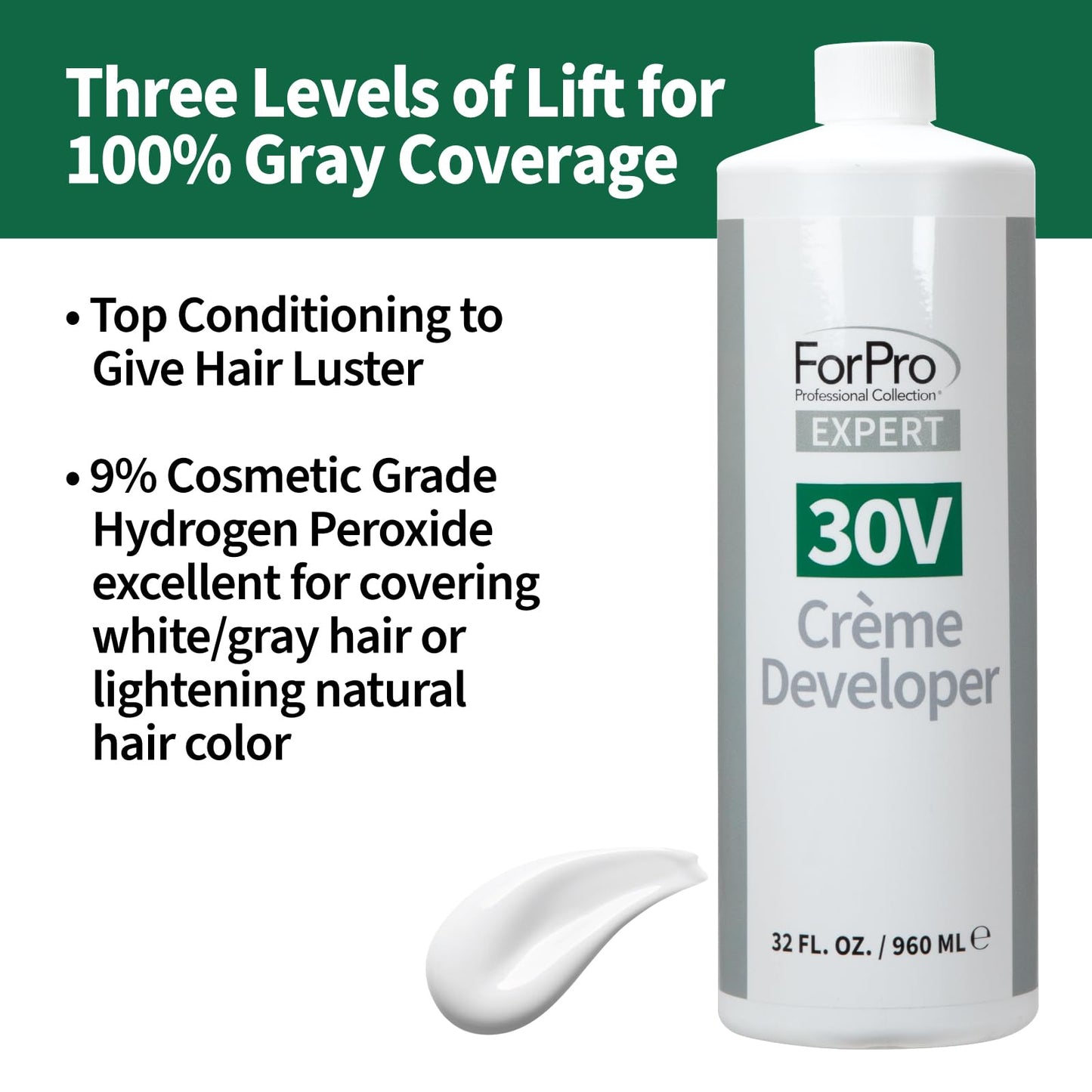 ForPro Expert 30 Volume Crème Developer, 32 Fl Oz - for Hair Lightening, Gray Coverage & Color Deposit with Extra Lift