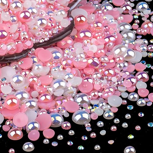 BELLEBOOST 50g Flatback Pearls and Rhinestones Set 1-Pink&White, Mixed Size 3-10mm Resin Rhinestones and Half Pearls for Nail Art and Crafts