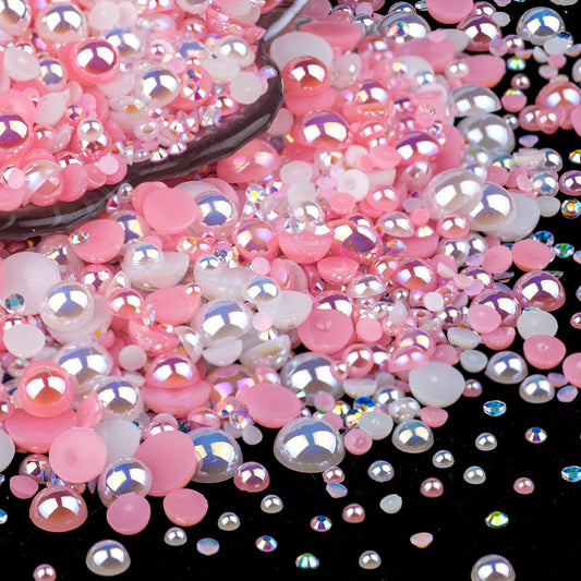 BELLEBOOST 50g Flatback Pearls and Rhinestones Set 1-Pink&White, Mixed Size 3-10mm Resin Rhinestones and Half Pearls for Nail Art and Crafts