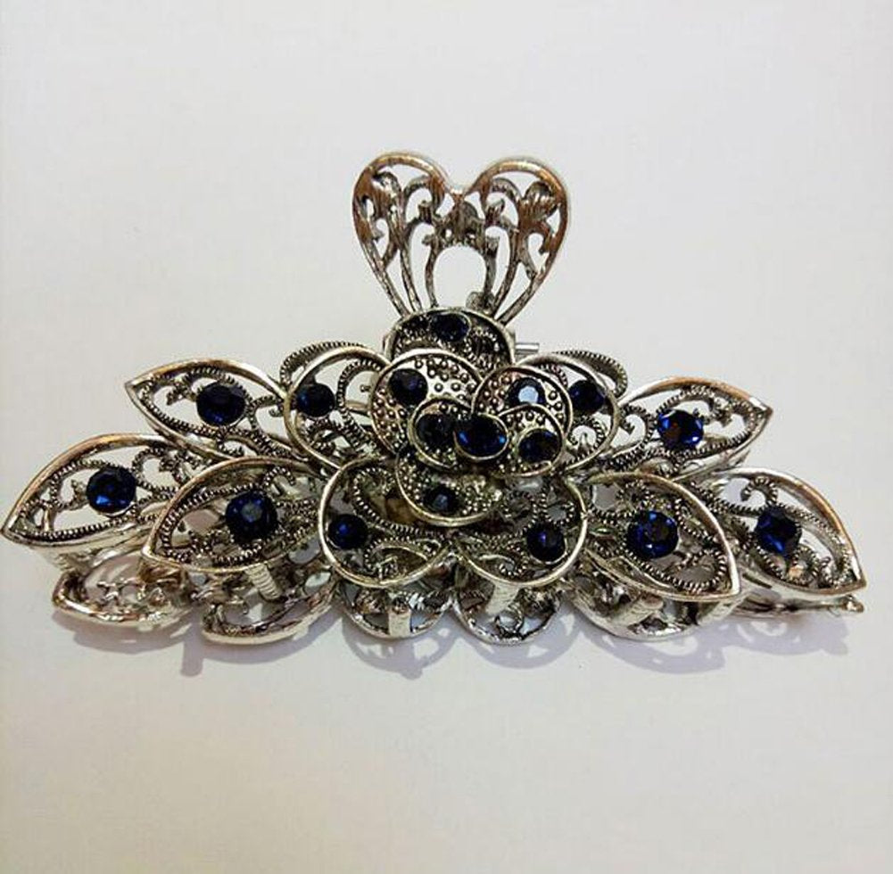Women Fashion Retro Metal Alloy Rhinestone Large Size Fancy Hair Claw Jaw Clips Pins for Thick Hair (Ink-Blue Colour 1)