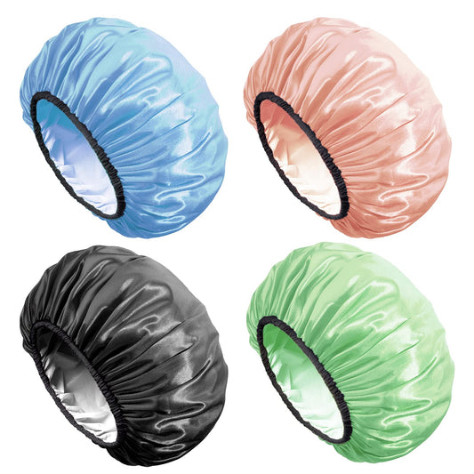 Aquior Shower Cap,4-Pack Large Shower Caps for Women Long Hair, Premium Soft Silky Satin Reusable Hair Cap For All Hair Lengths And Big Hairstyles