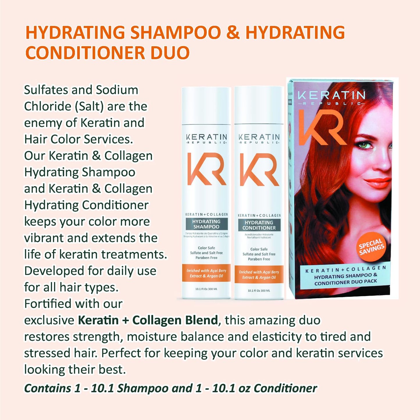 Keratin Republic Anti-Frizz Shampoo & Conditioner Duo | Keratin + Collagen | Sulfate, Salt & Paraben Free | Color Safe | Açaí Berry & Argan Oil | Gift