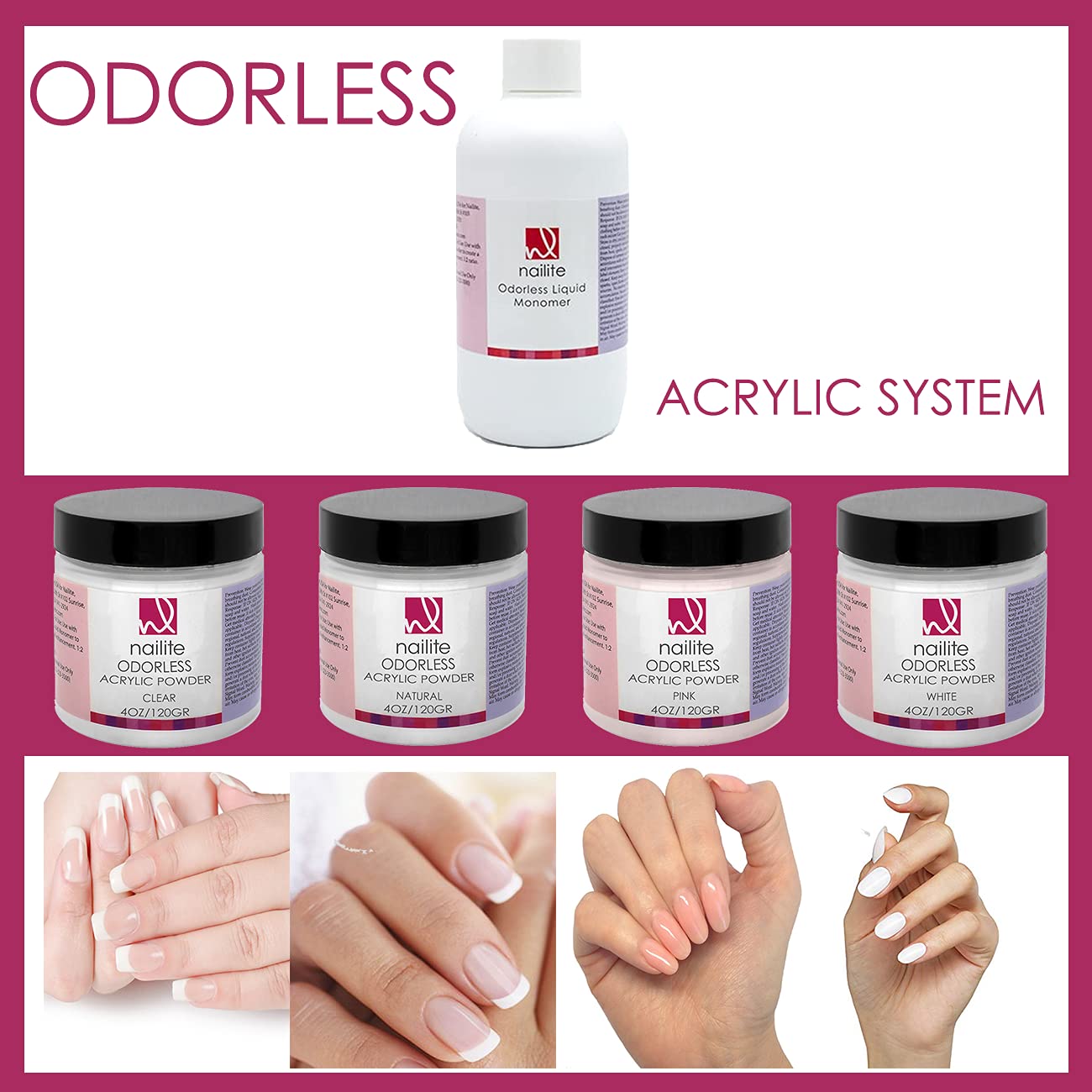 Nailite Odorless Liquid Monomer + Pink Acrylic Powder - Professional System for Nail Extension, Non-Yellowing Effect and EMA Formula - Kit 8 Oz. Beauty & Personal Care Nailite