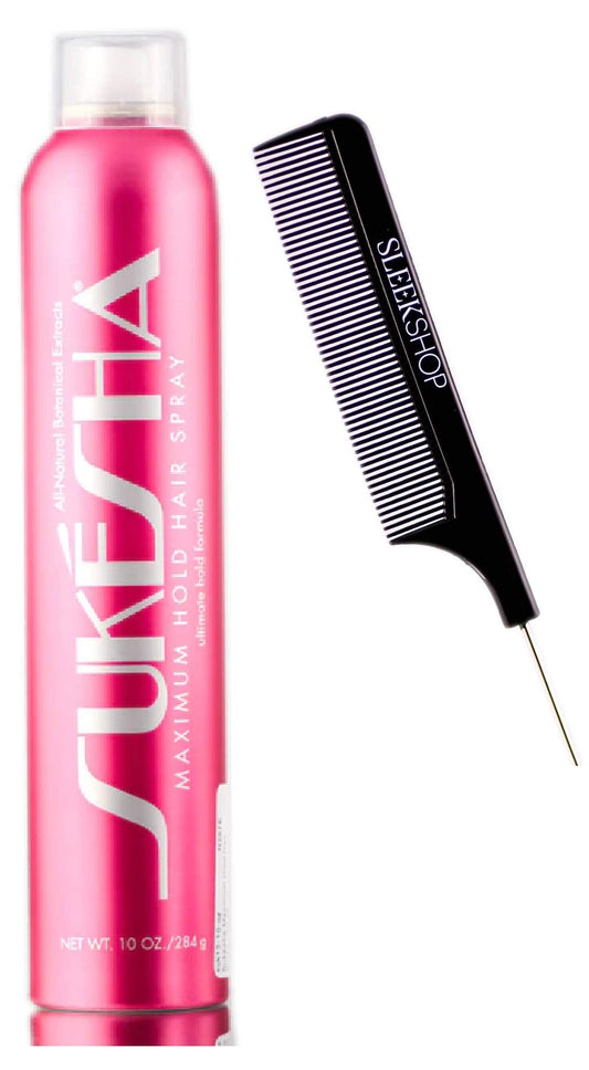 Sukesha Maximum Hold Hair Spray, ultimate hold aerosol formula (with Sleek Steel Pin Tail Comb) (10 oz / 284 gram - retail size)