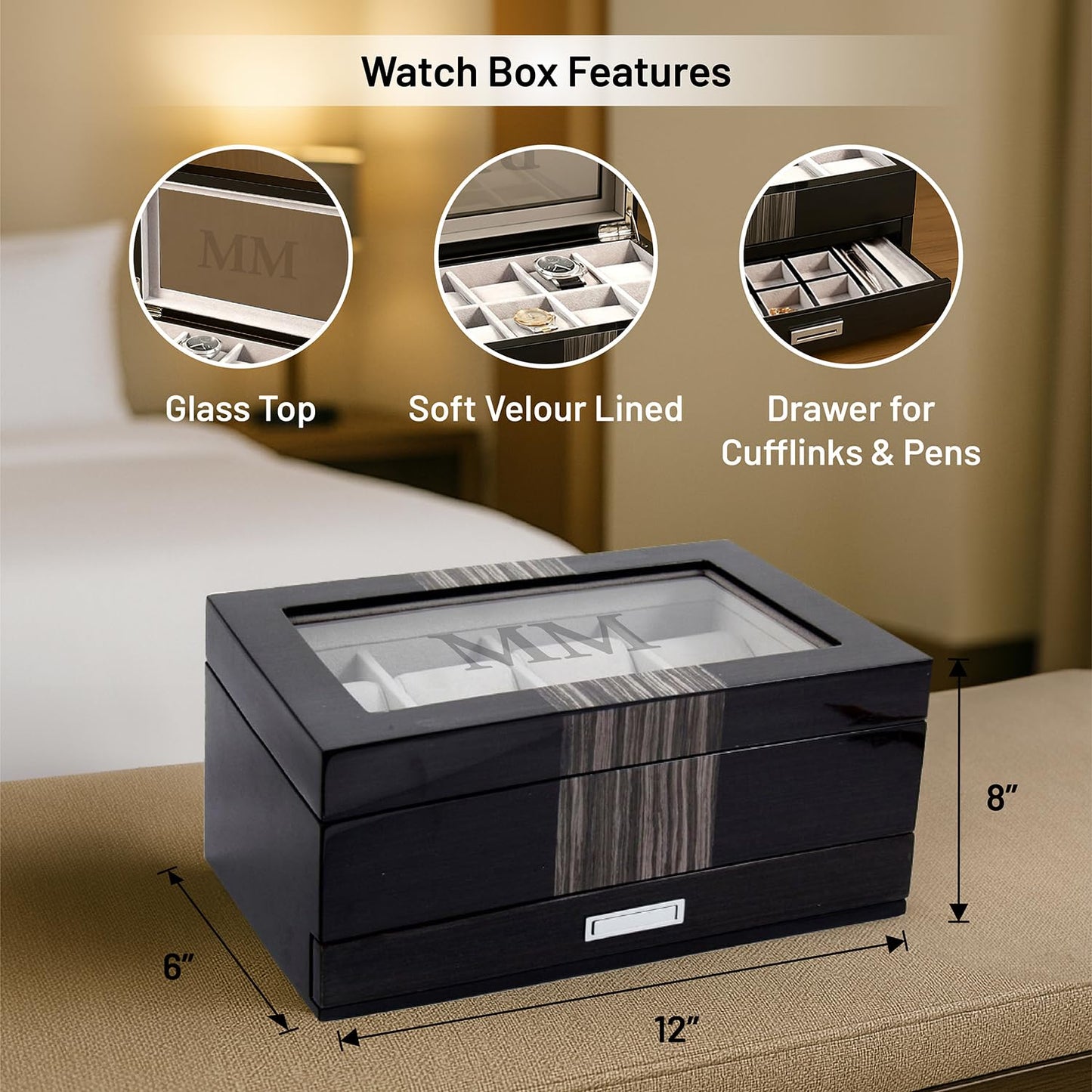 Bey-Berk Tucker 10-Slot Watch and Jewelry Box, Lacquered Wenge Wood Glass-Top Organizer with Velour-Lined Cufflink and Pen Drawer, 12" x 8" x 6"