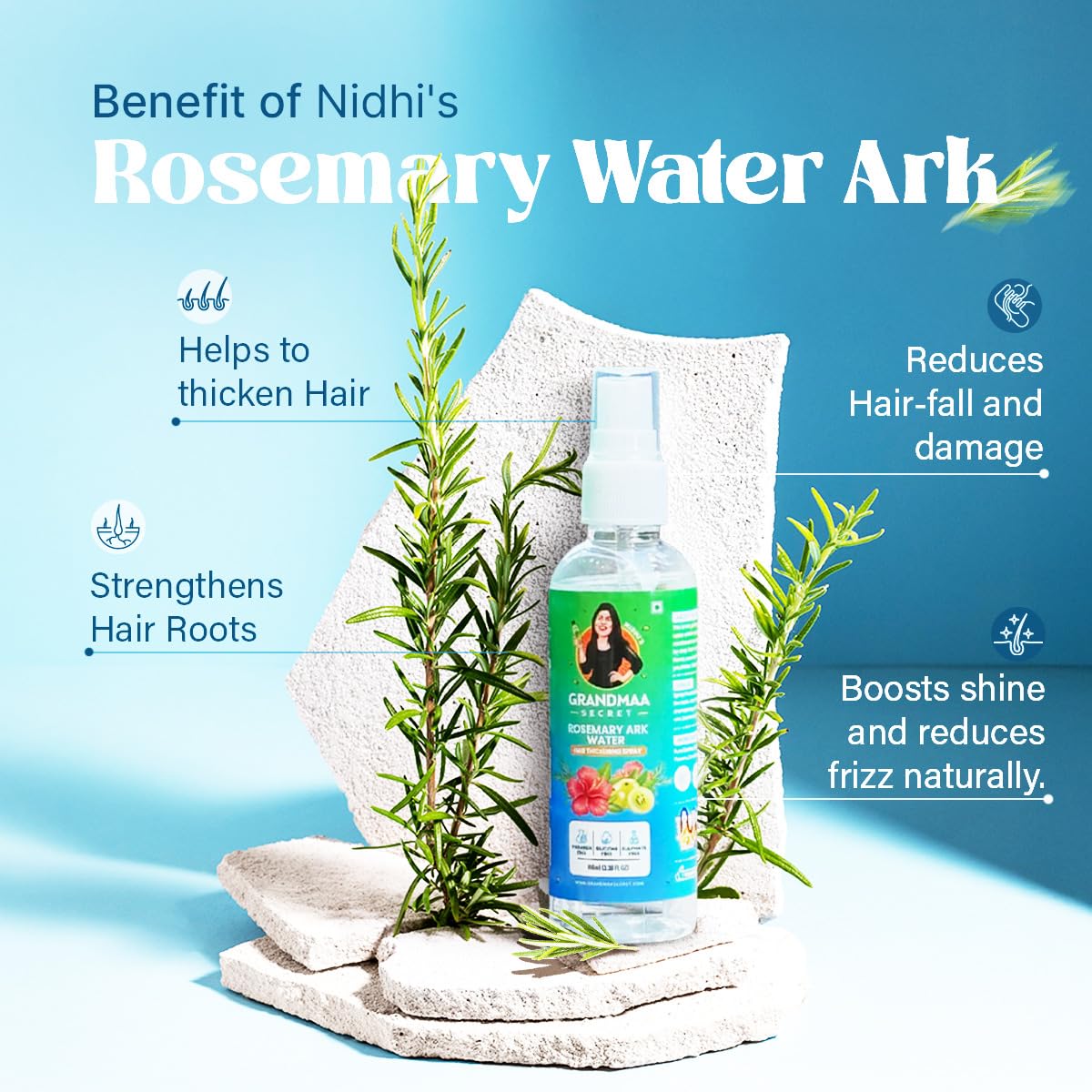 NIDHI’S GRANDMAA SECRET Rosemary Water Ark Hair Thickening Mist, Natural Rosemary Water Spray for Thick Hair, Rosemary Hair Mist Pure Distillate
