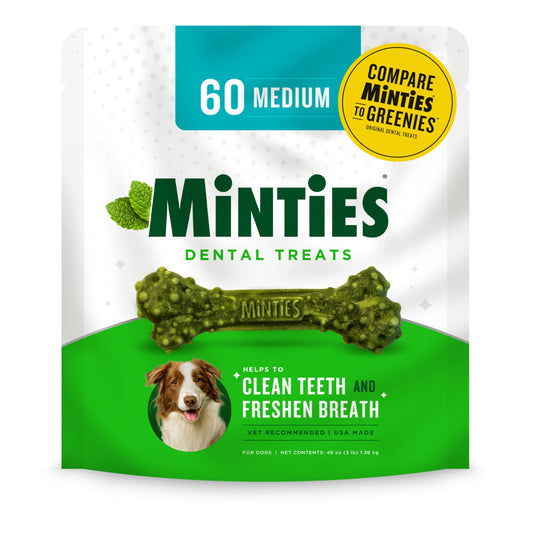 Minties Dental Chews for Medium Dogs (60 Count) – Vet-Recommended Treats Clean Teeth, Freshen Breath, Remove Plaque & Tartar