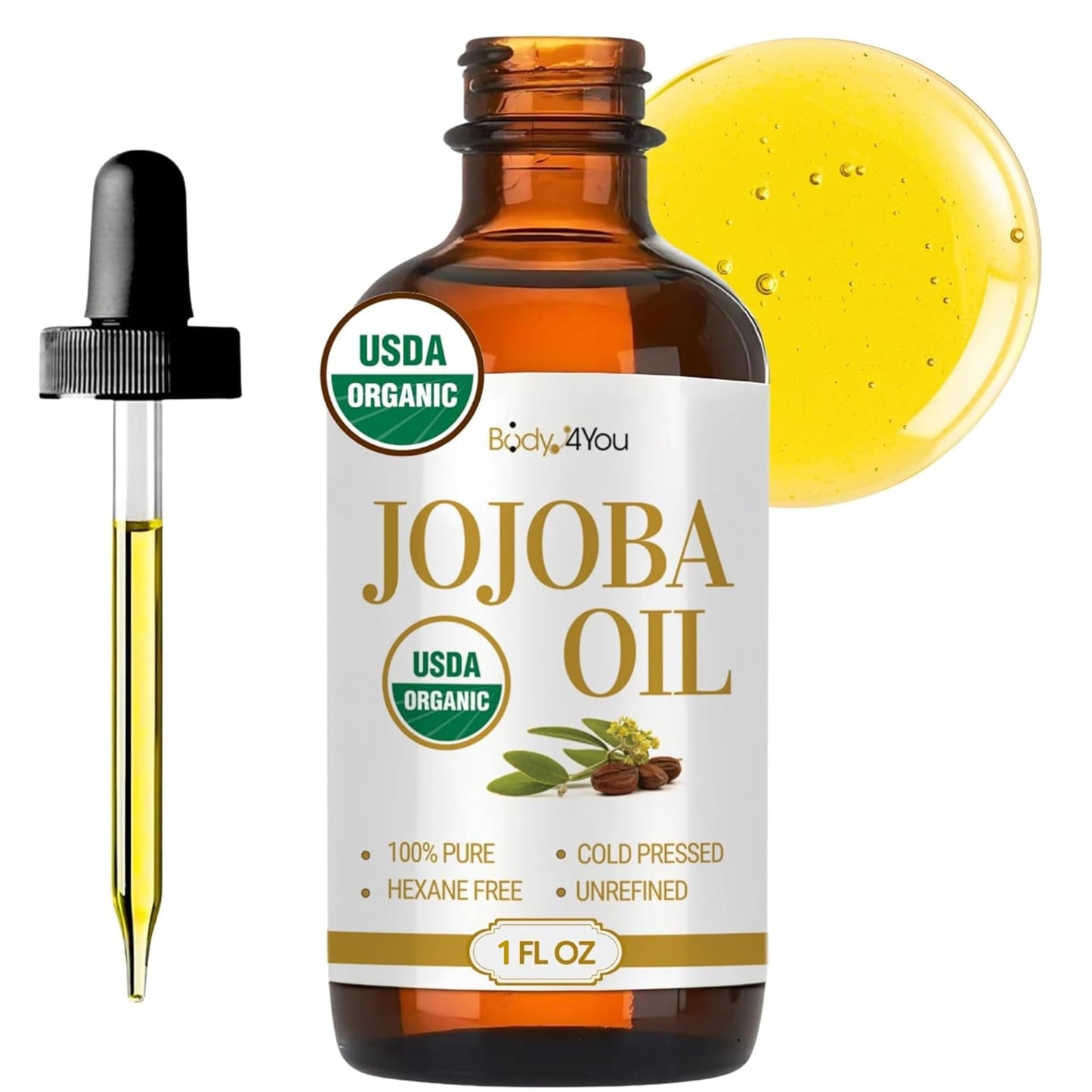 BodyJ4You Jojoba Oil for Face Skin - USDA Organic 100% Pure Cold Pressed - Facial Dermaplane Gua Sha Hair Growth Body Massage Nails Oil - Unrefined Beauty and Personal Care BodyJ4You Default Title