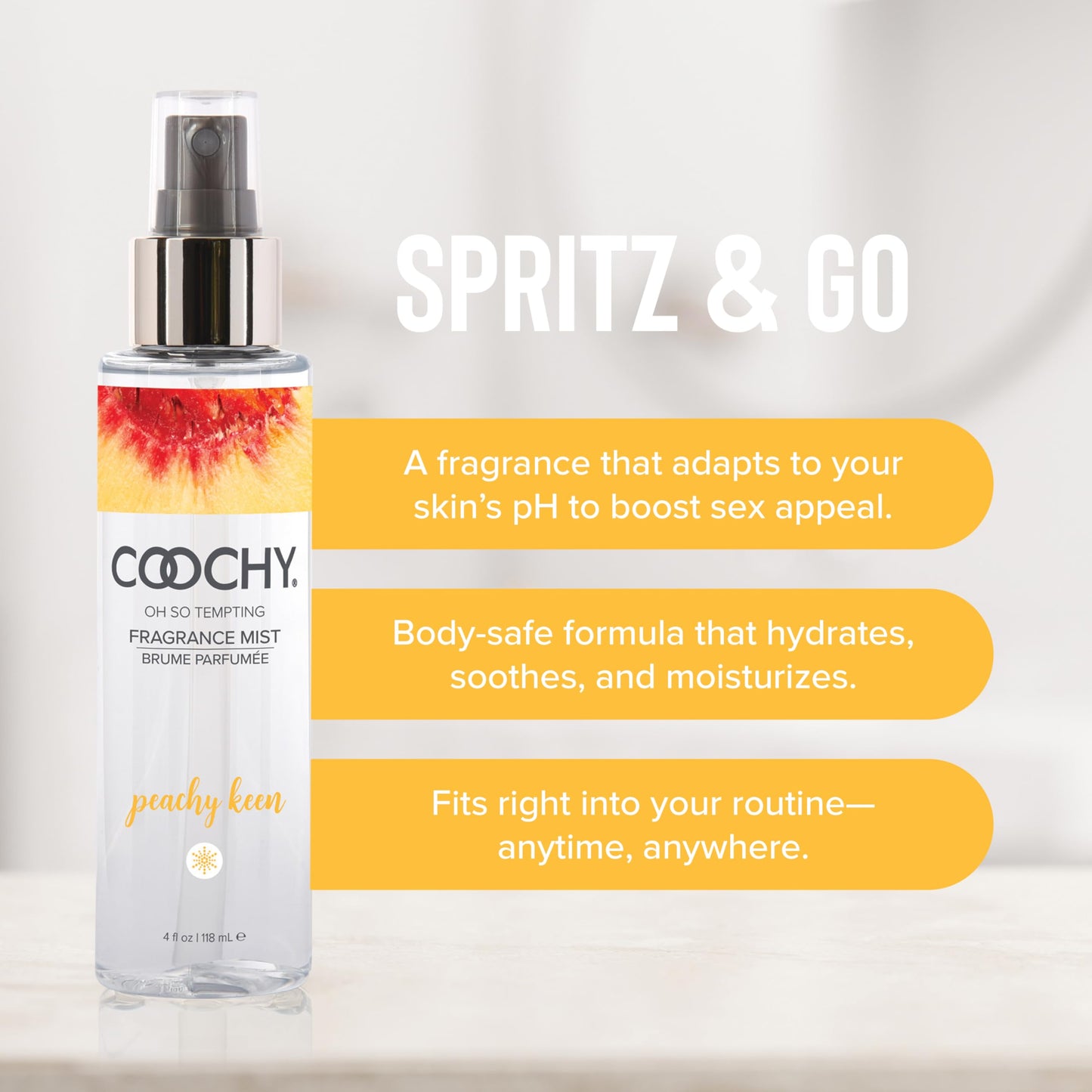 Coochy Fragrance Mist - Hair and Body Mist Spray for Women - Infused with Georgia Peaches, Sugar Cane & Vanilla - Peachy Keen - 4 fl oz