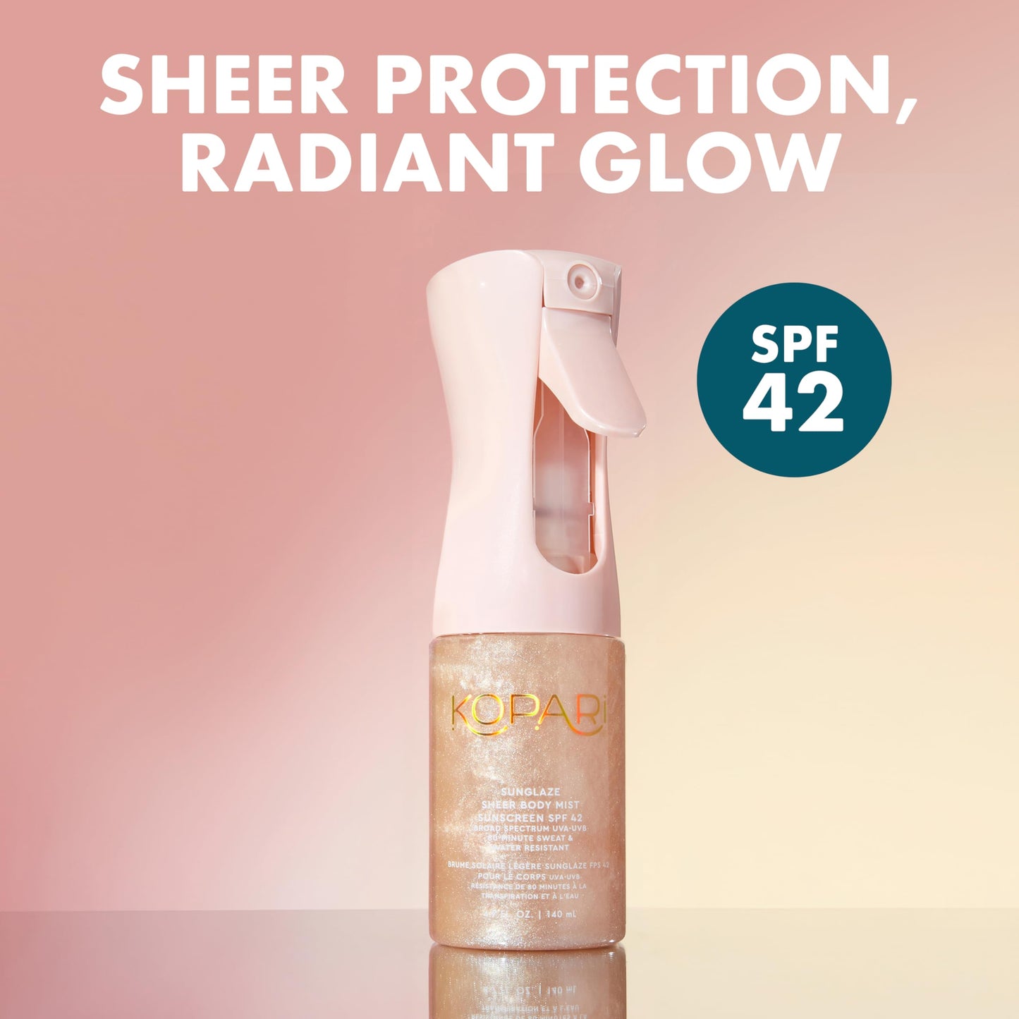 Kopari Rose Gold Sunglaze Sheer Body Mist Sunscreen SPF 42, Infused with Shimmering Body Oil, Hydrating Mist, Hydrates, Brightens, Makeup Friendly