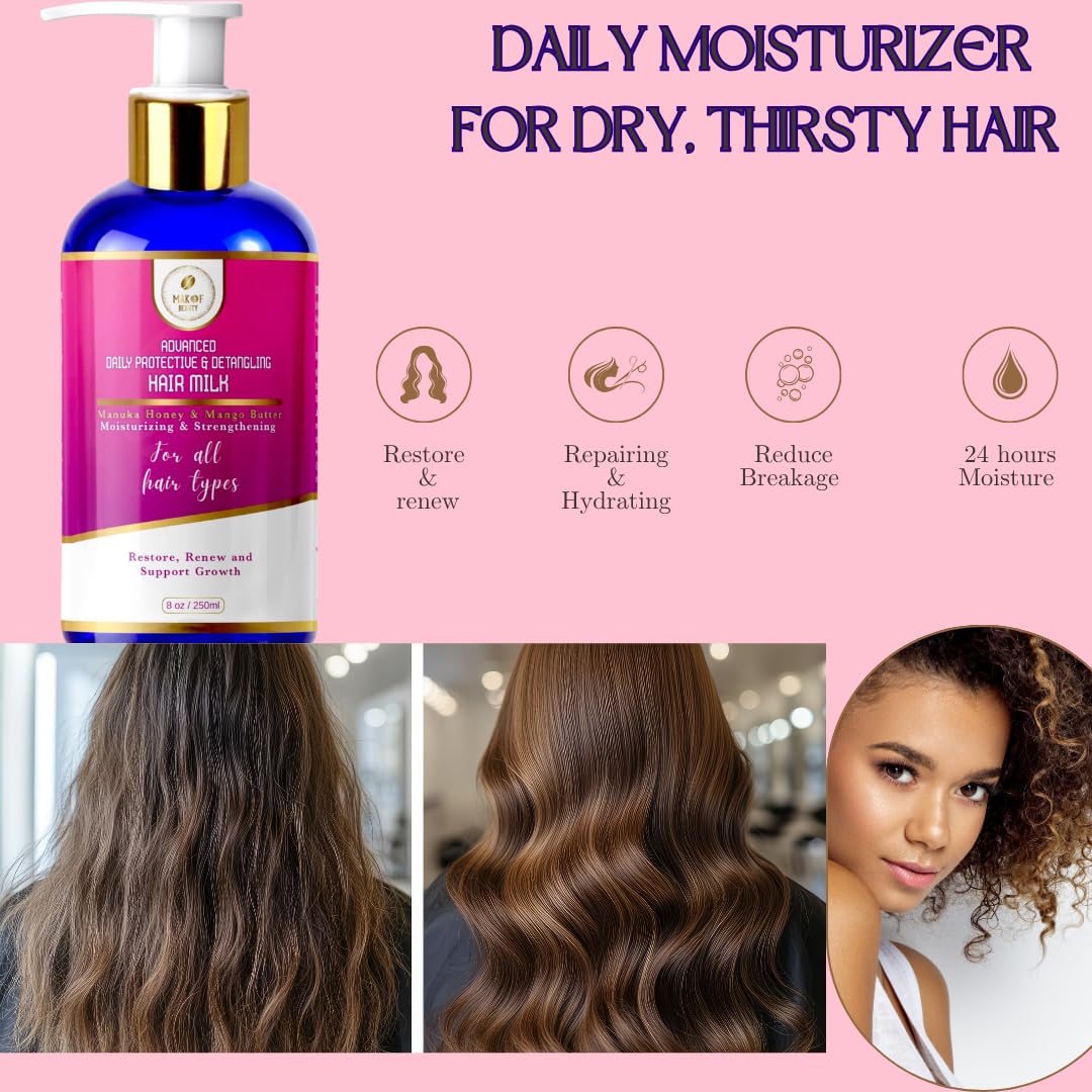 Advanced Daily Protective & Detangling Hair Milk | Nourishing Organic Leave-In Conditioning Repair and Renew Dry and damaged hair. Reduce Breakage