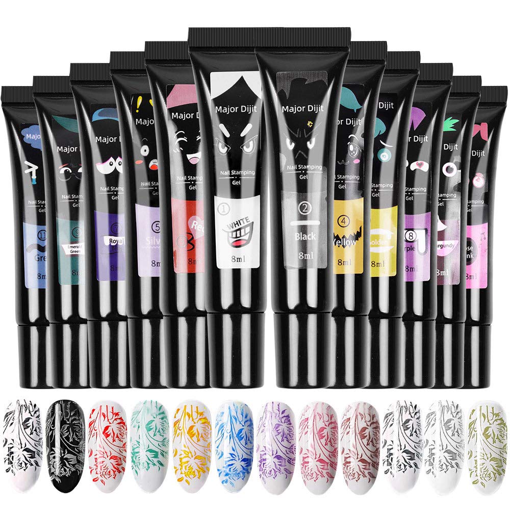 Major Dijit Nail stamping polish gel 8ML Nail Art UV Gel Polish for Nail Stamp Plate 12 Colors