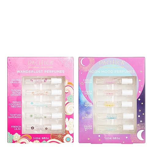 Pacifica Beauty Wanderlust & Moon Moods Perfume Set, Travel Fragrances, Island Vanilla, French Lilac, Clean Vegan Perfume, 0.05 fl oz Each (Set of 10)