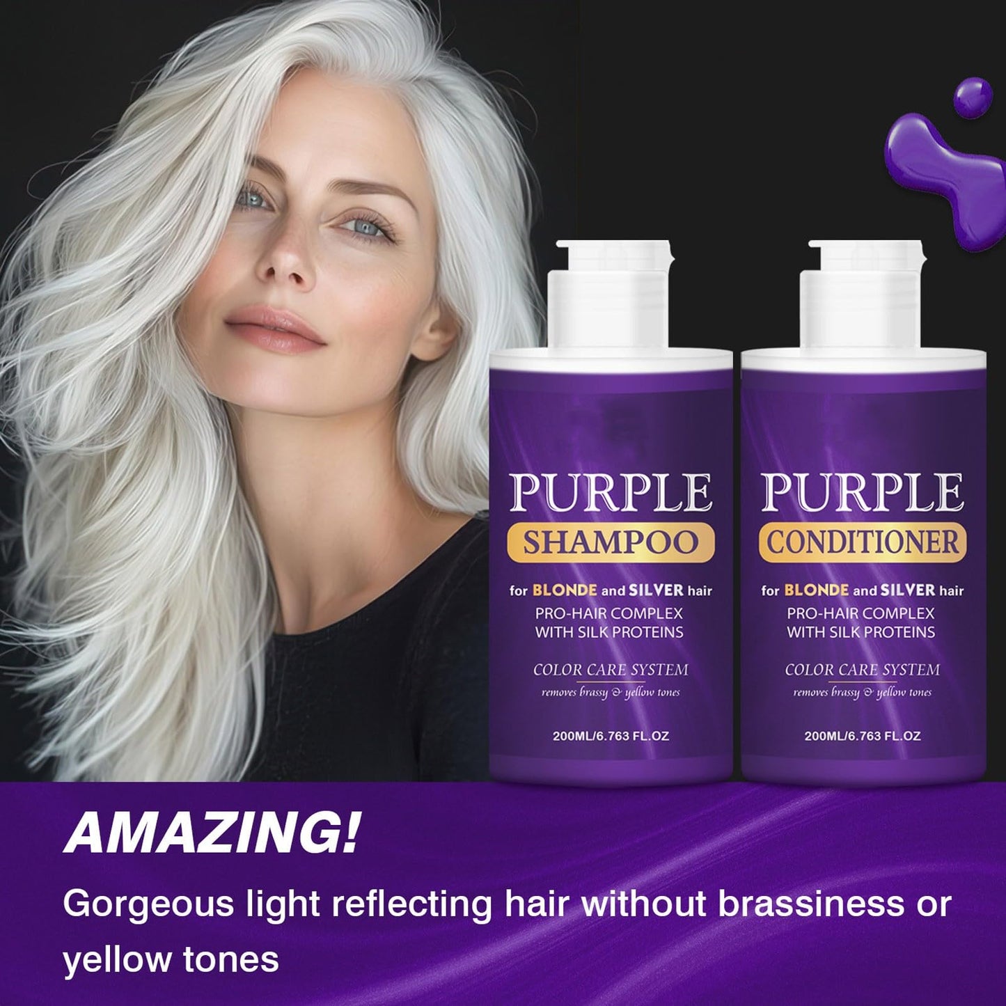 Purple Shampoo and Conditioner Set, Purple Toning Shampoo & Conditioner for Blonde, Bleached, Silver, Gray Hair, Color Treated Hair, Removes Yellow