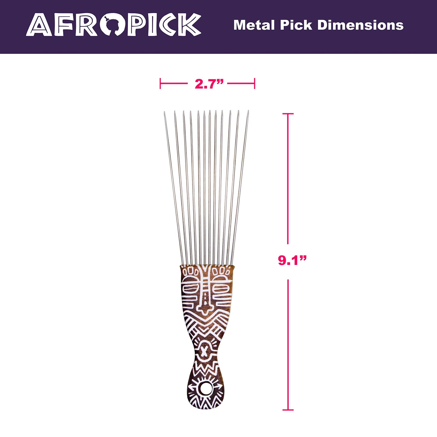 Afropick Metal Black Hair Pick for Natural Curly Long Thick Hair- Afro Pick Comb for Men, Women- African Artist Designs IMPROVED 2.0 (Ori)