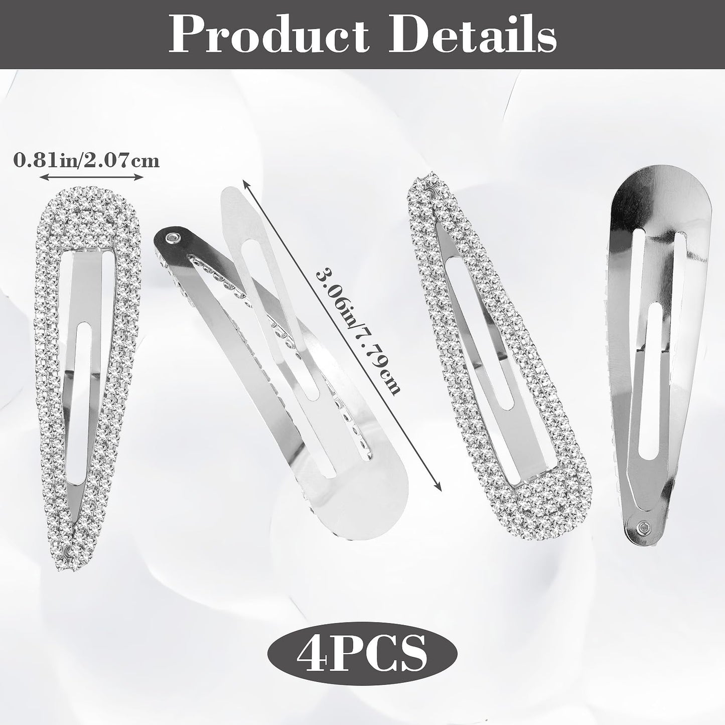 HINZIC 4Pcs 3 Inch Rhinestone Hair Clips, Sparkly Snap Hair Barrettes, Metal No Slip Silver Hair Pins Valentines Wedding Party Prom Birthday
