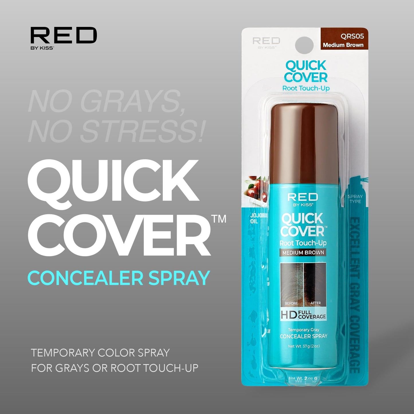 Red by Kiss Quick Cover Root Touch-Up Spray, Waterproof & Smudge-Proof Gray Coverage, Quick-Dry Formula with Jojoba Oil, Lightweight & Travel-Friendly