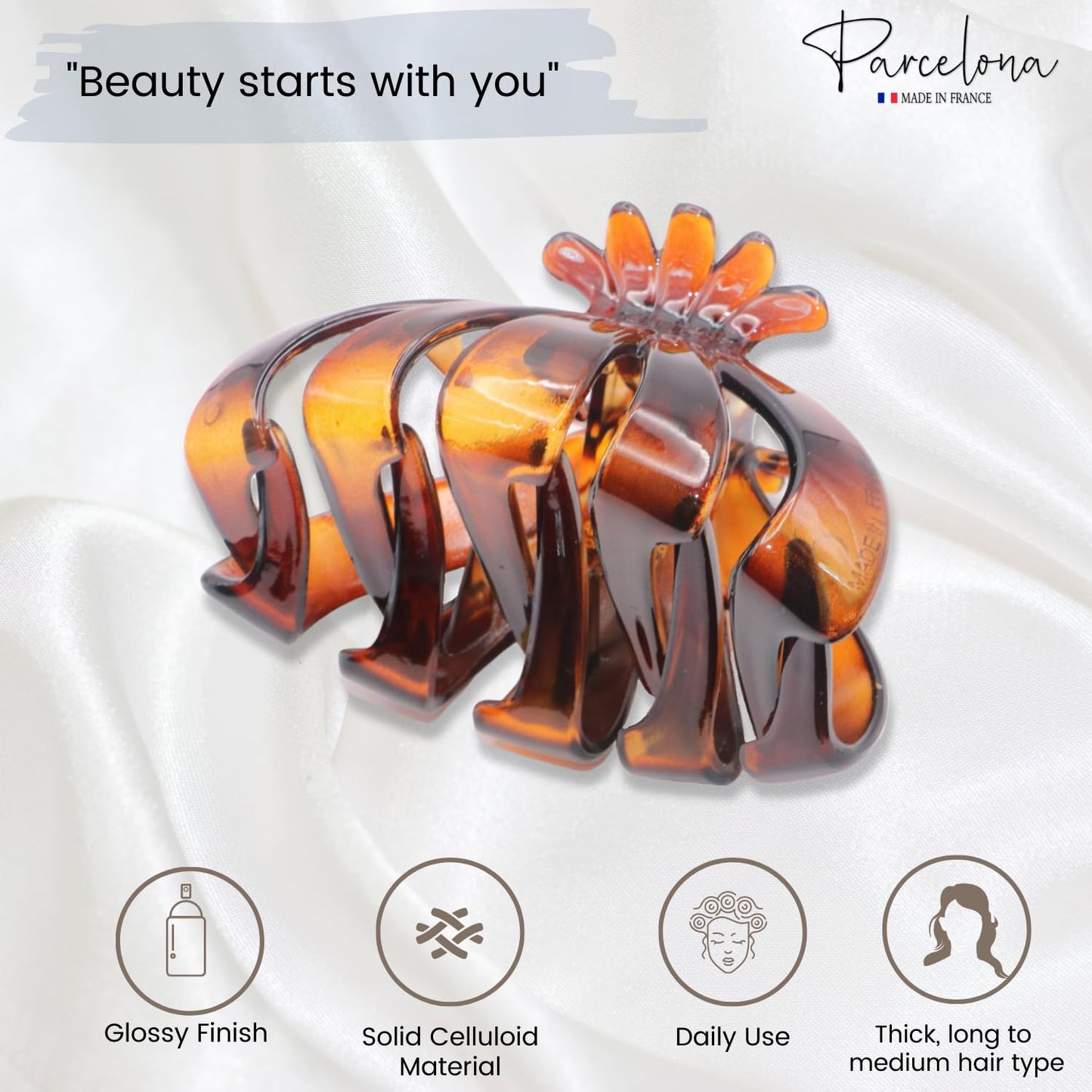Parcelona French Fleur Medium 3.25" Wide Tortoise Shell Celluloid French Hair Claw Clips Jaw Fashion Durable and Styling Hair Accessories for Women