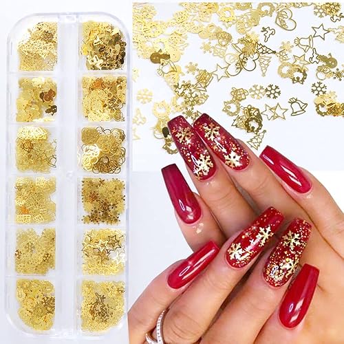 Christmas Nail Art Glitter, 12 Grids Gold Snowflake Nail Charms Snowflakes Snowmen Elk Bell Gift Xmas Tree Christmas Nail Design Winter Confetti