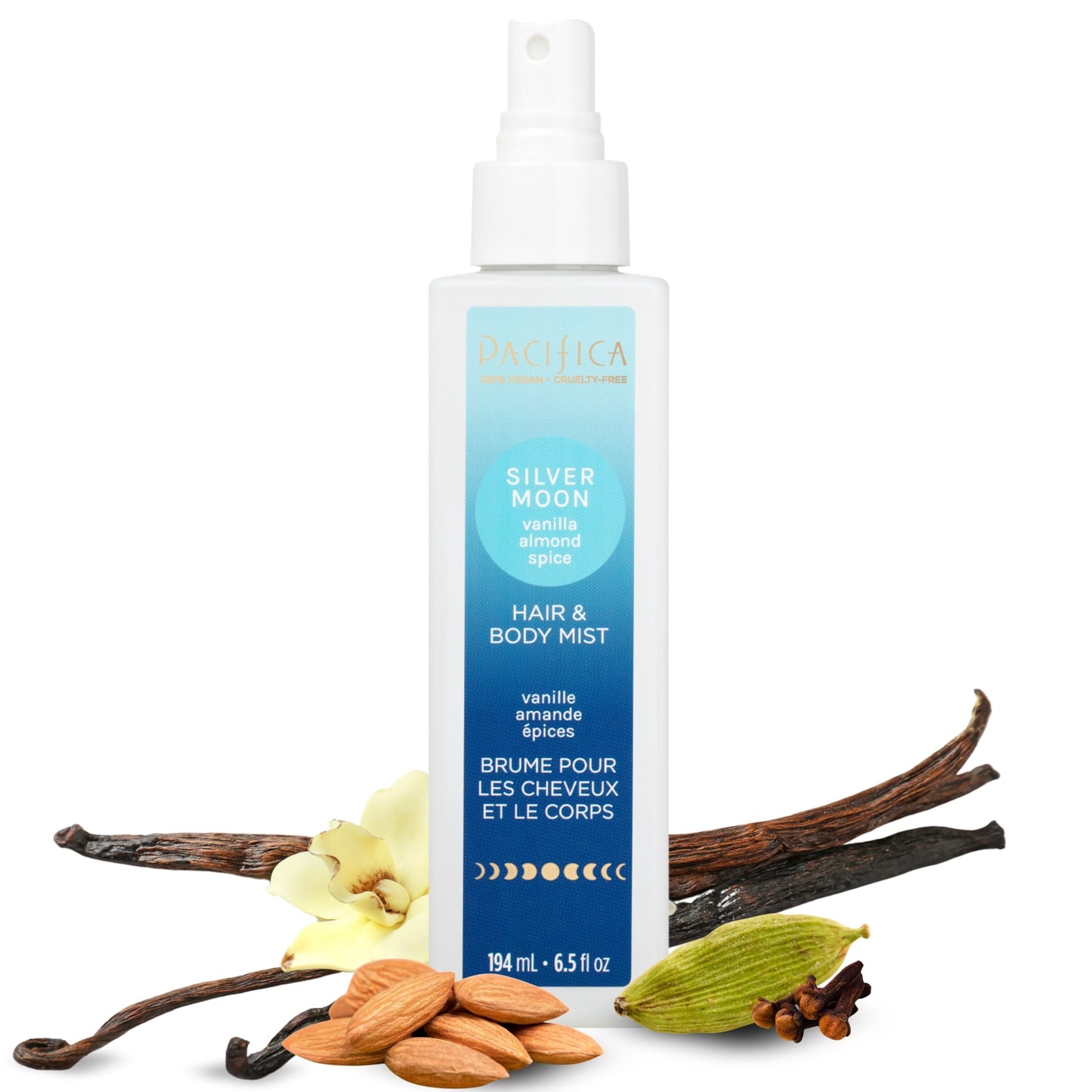 Pacifica Hair Perfume & Body Fragrance Spray Mist - Silver Moon with Vanilla, Almond & Spice - Alcohol-Free, Vegan & Cruelty-Free, 6.5 oz