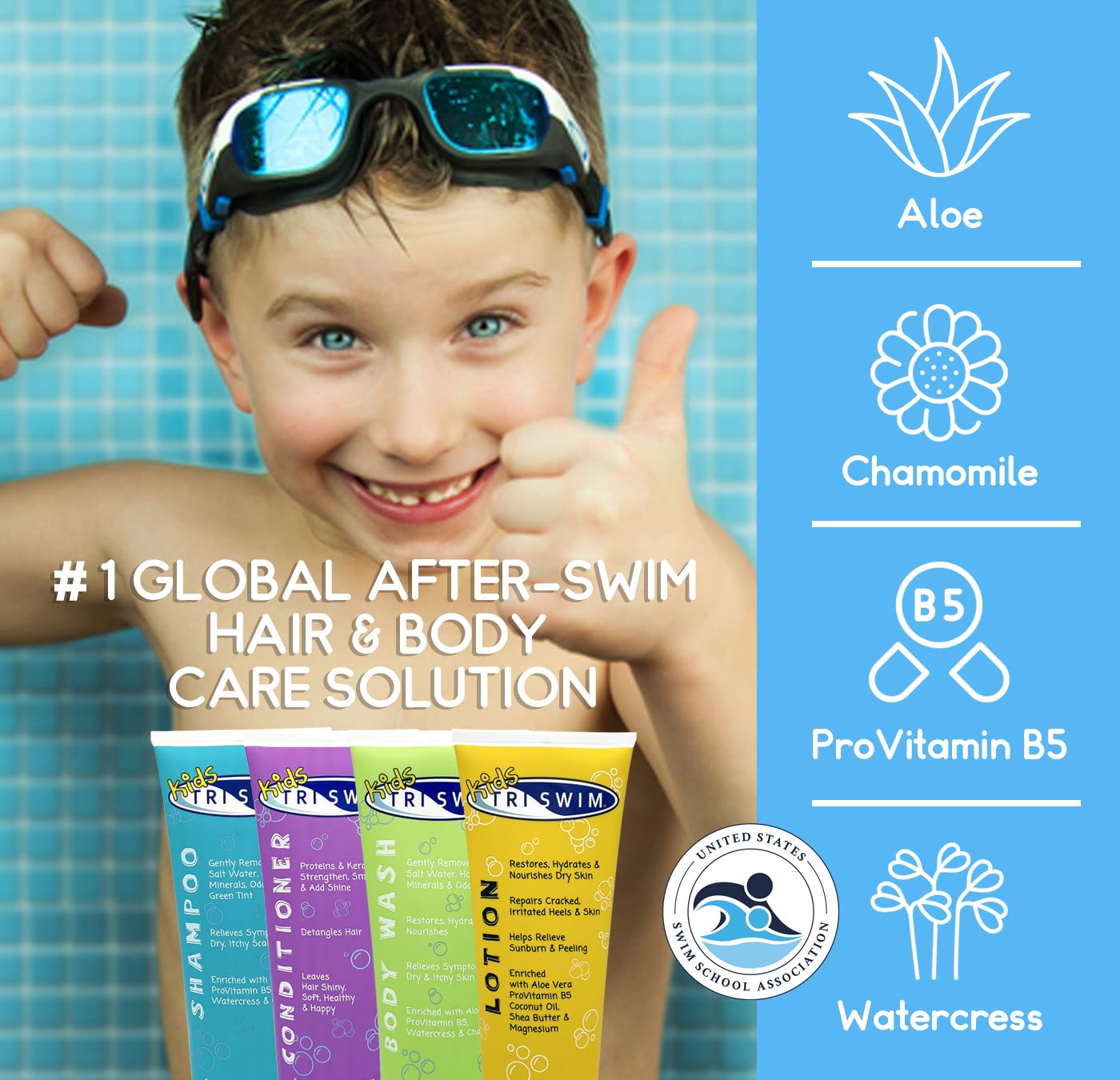 TRISWIM Kids After Swim Value Pack of 4 Travel Mesh Bag + Swim Care Chlorine Removal Body Wash + Swimming Lotion + Swim Shampoo and Conditioner 8.5 fl