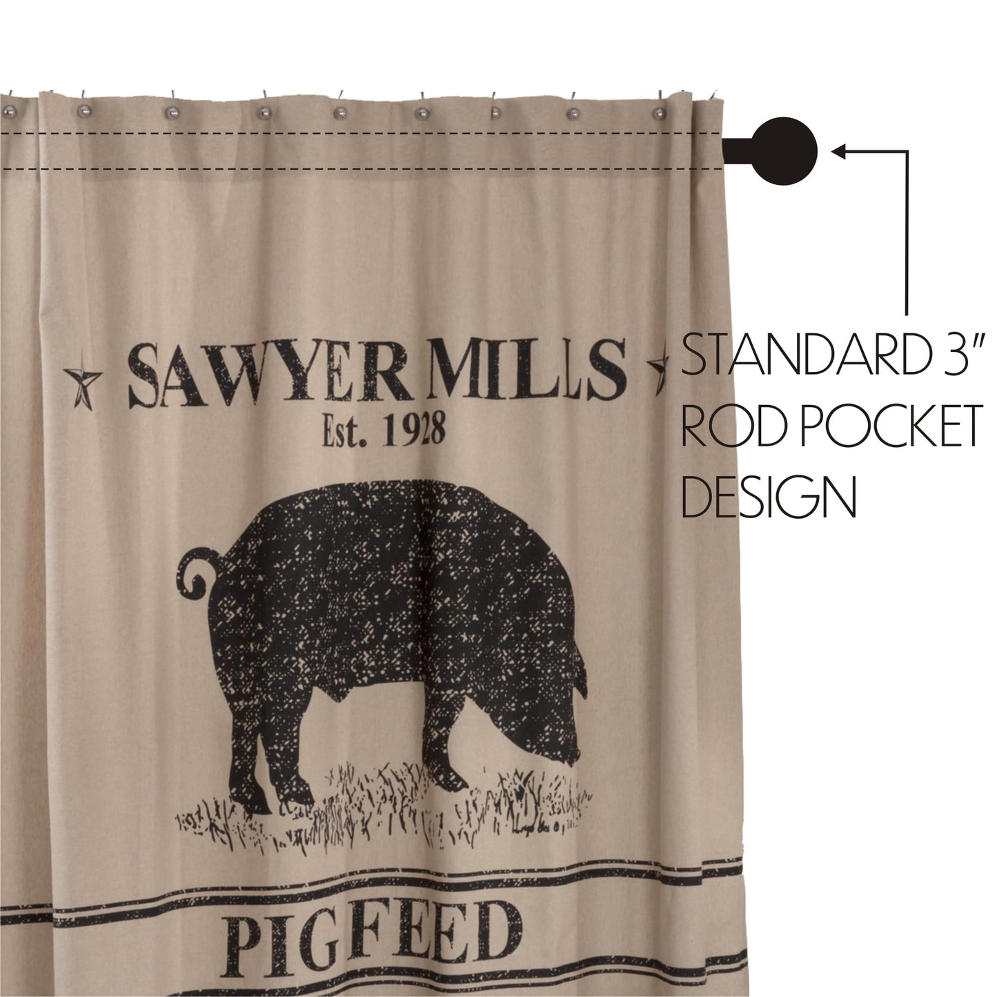 VHC Brands Sawyer Mill Pig Shower Curtain, Black, 72x72