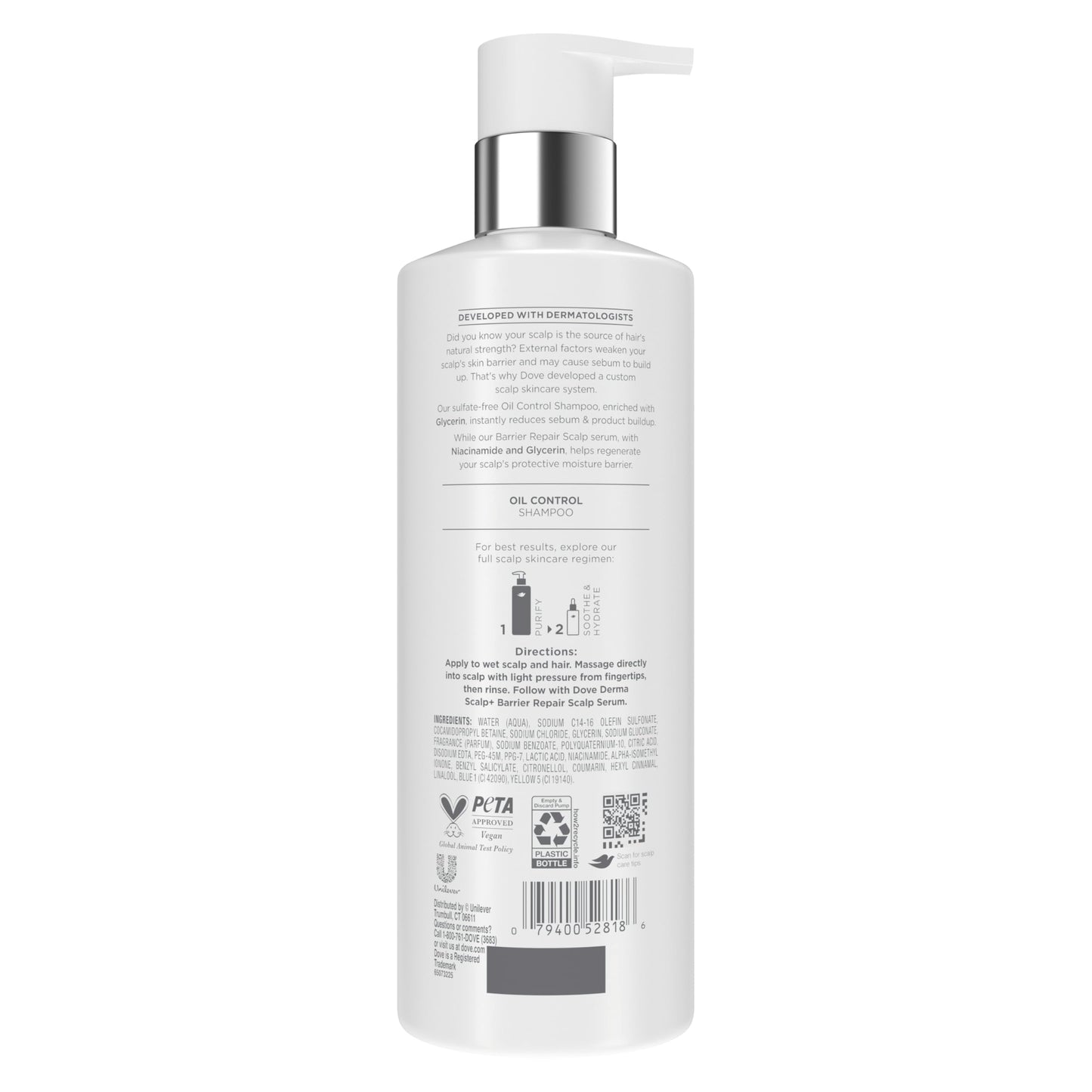 Dove Derma Scalp Oil Control Shampoo 1 ct with Glycerin, Sulfates and Niacinamide for Removing Scalp Product Buildup 16 Fl oz