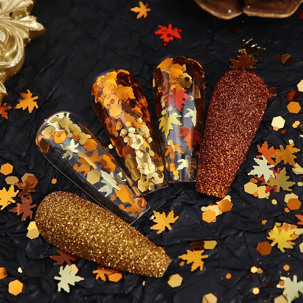 Fall Nail Art, 6 Boxes Fall Leaves Nail Glitters 3D Gold Maple Leaf Nail Sequins with Glitter Powder Gold Yellow Red Autumn Leaves Nail Art Flakes