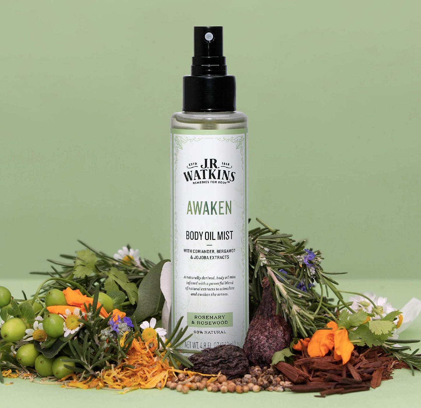 J.R. Watkins Awaken Body Oil Mist, Hydrates Skin, Stimulates and Awakens Senses, Natural Rosemary & Rosewood, 4.8 oz