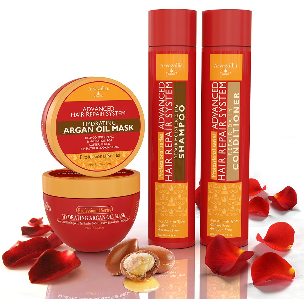Advanced Hair Repair Shampoo, Conditioner and Deep Conditioner Mask System Set for Dry or Damaged Hair with Argan and Macadamia Oil by Arvazallia