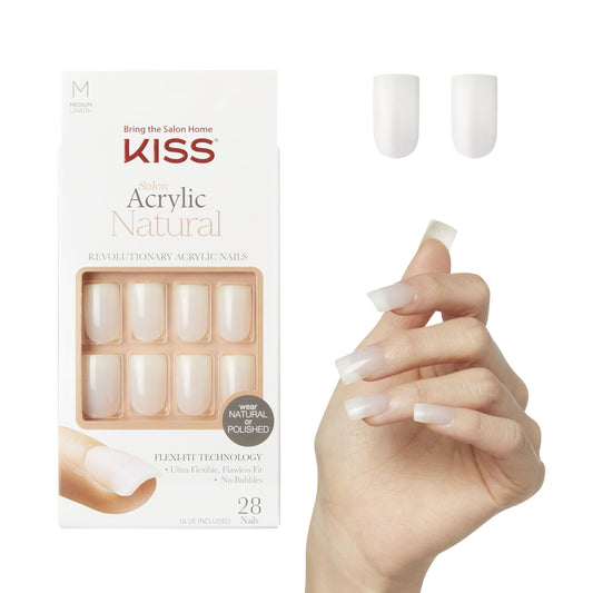 KISS Salon Acrylic, Press-On Nails, Nail glue included, 'Euphoria', French, Medium Size, Square Shape, Includes 28 Nails, 2g Glue, 1 Manicure Stick, 1 Beauty & Personal Care KISS