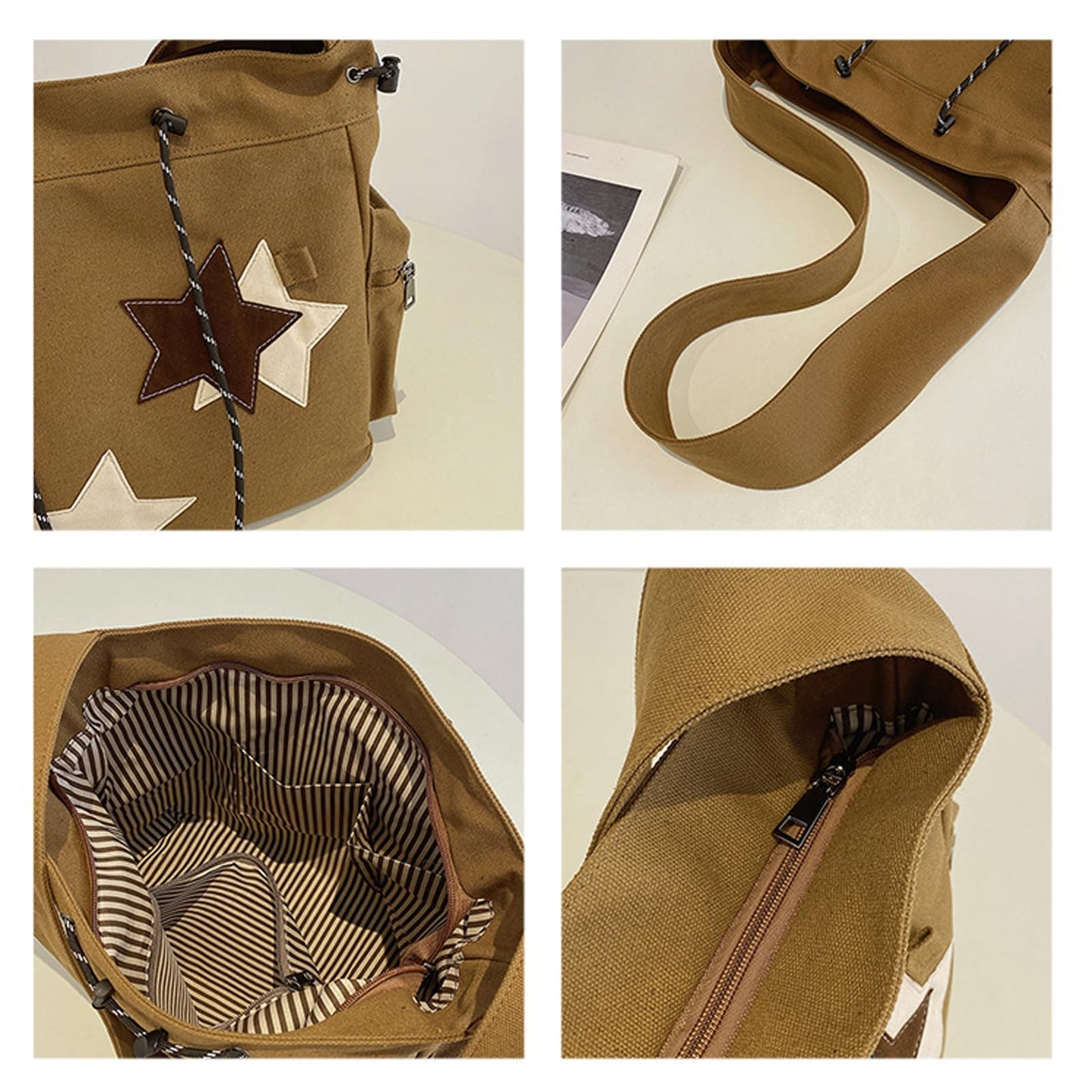 Women's Hippie Crossbody Bag Canvas Handbag Top Zipper Canvas Sling Strap Crossbody Bag Casual Handmade Bag (brown)