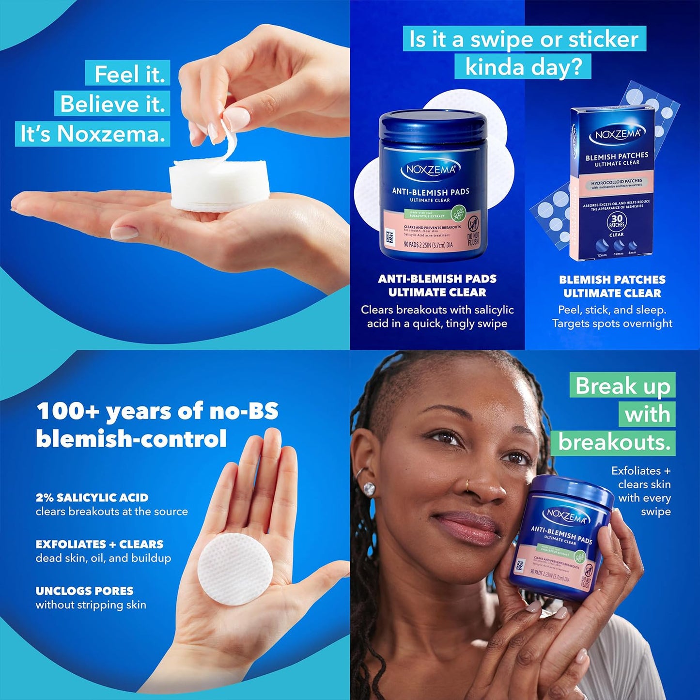 Noxzema Acne Treatment Bundle - Ultimate Clear Blemish Patches with Niacinamide and Tea Tree + Anti-Blemish Pads with 2% Salicylic Acid Beauty and Personal Care Noxzema