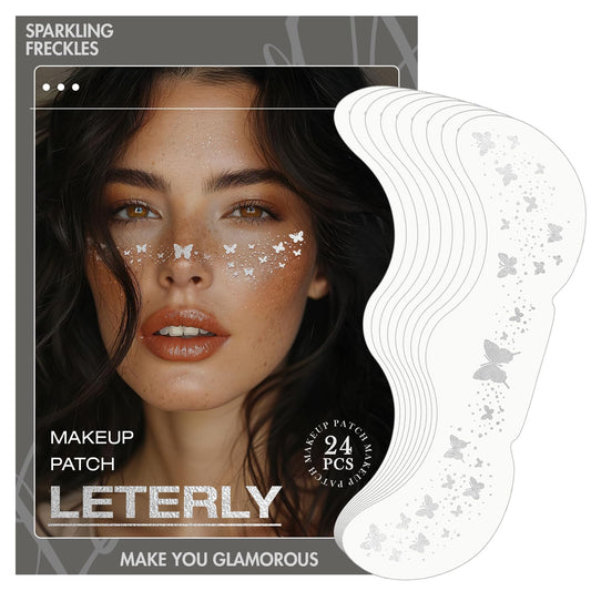 Leterly 24 Pcs Glitter Freckles Face Tattoo,Silver Face Glitter Makeup Patches Cute Sparkle Freckles Patches Waterproof Makeup Speckles for Face