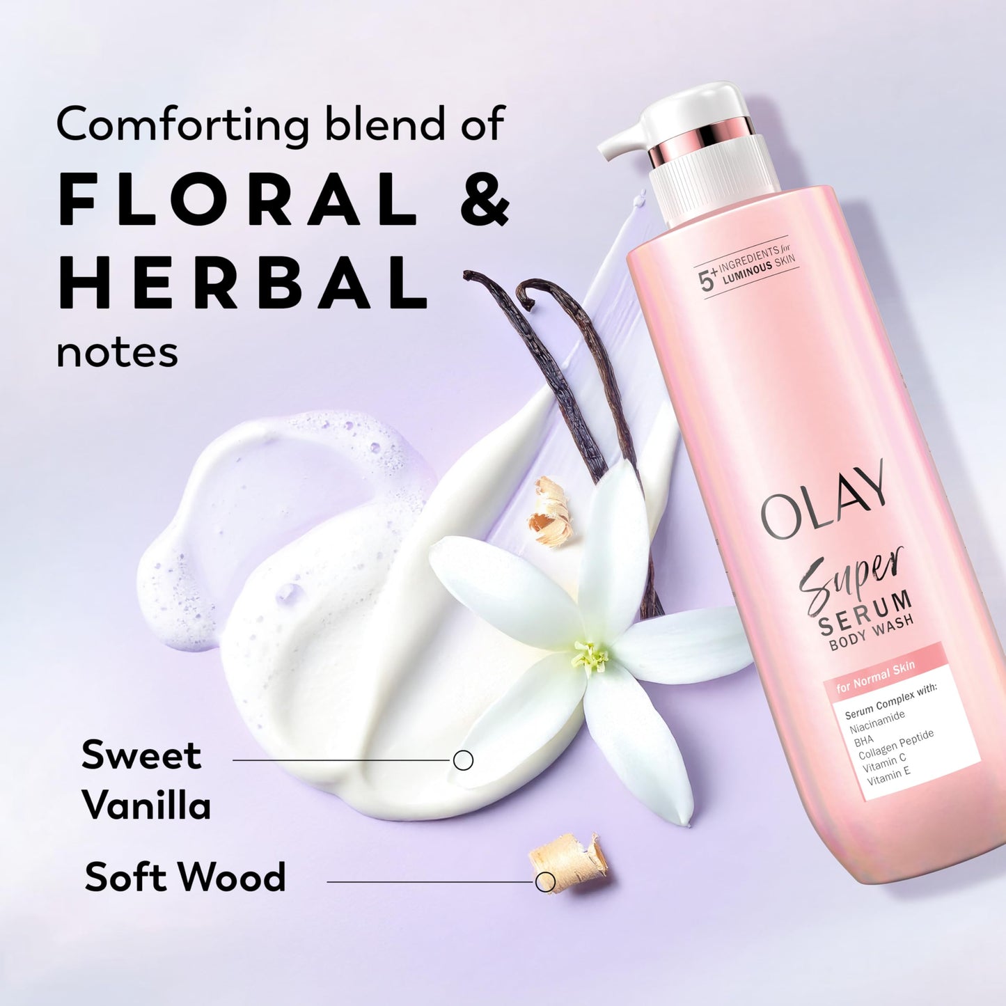 Olay Super Serum Body Wash for Normal Skin, 24hr Long Lasting Hydration, 5+ Ingredient Serum Complex for Bright Even Firm Luminous Skin, 20 fl oz