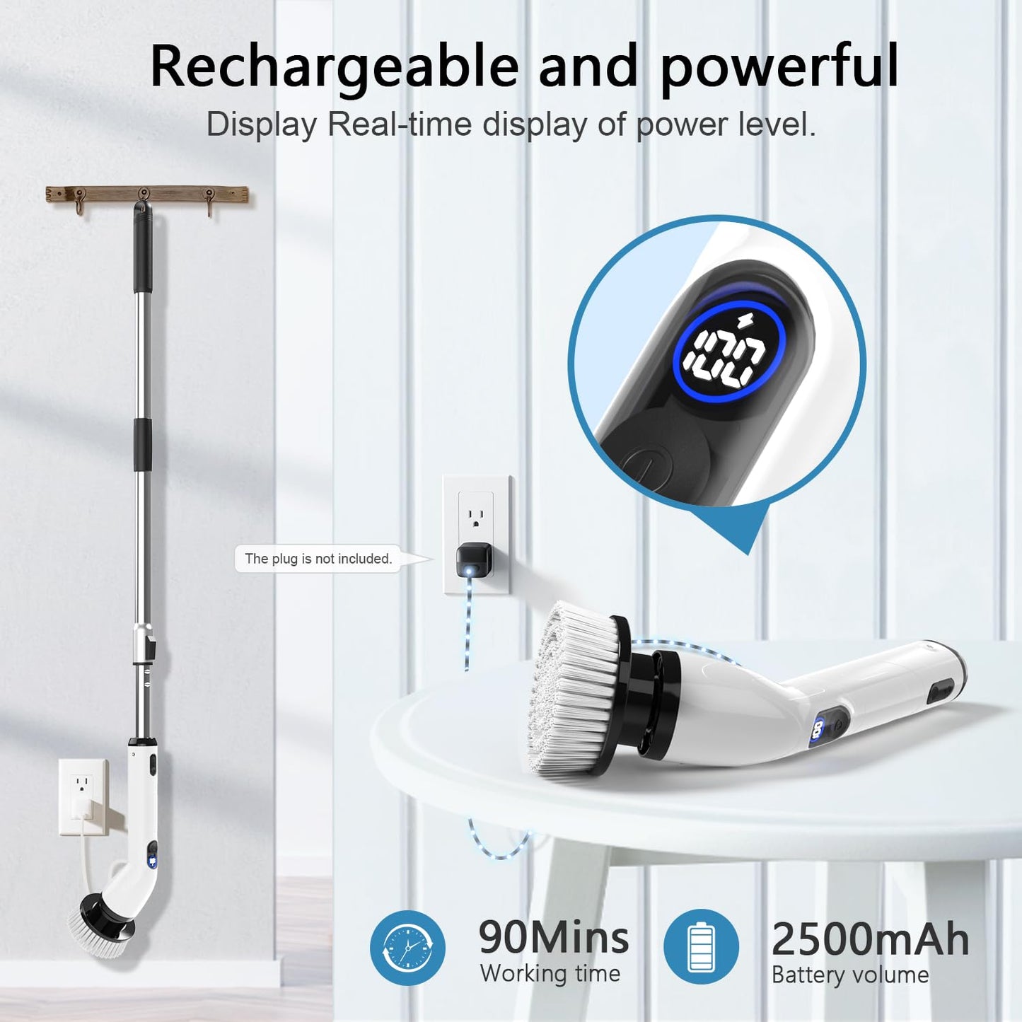 TUYU Electric Spin Scrubber, IPX7 Waterproof with LCD Display & Adjustable Handle, Cordless Bathroom, Bathtub, Kitchen & Wall Cleaner Brush