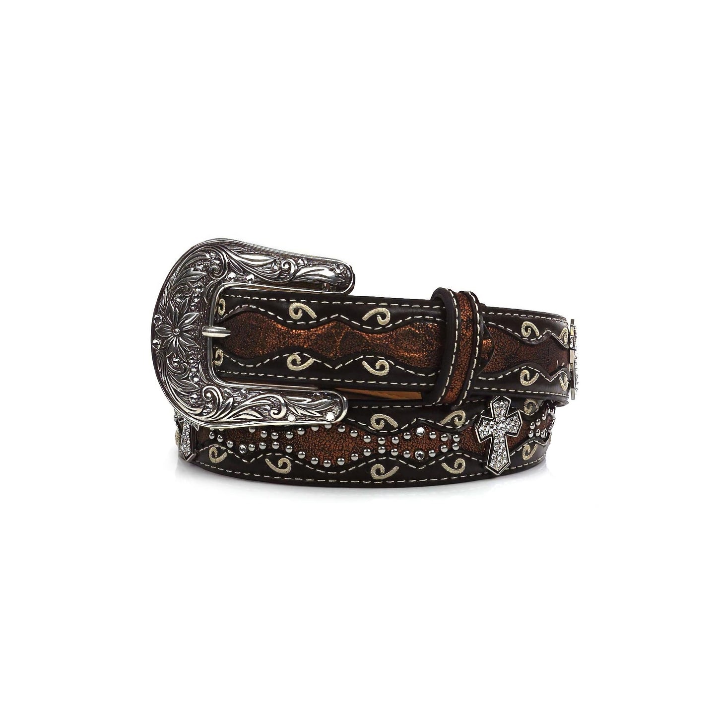ARIAT Youth Girls Rhinestone Cross Conchos Faux Crocodile Belt, Brown, 24