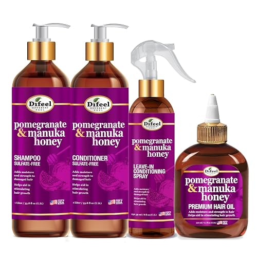 Difeel Pomegranate & Manuka Honey Shampoo & Conditioner 4-PC Set - Includes 33.8oz Shampoo, 33.8oz Conditioner, 8oz Leave in Spray and 7.1oz Hair Oil