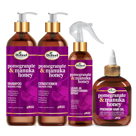 Difeel Pomegranate & Manuka Honey Shampoo & Conditioner 4-PC Set - Includes 33.8oz Shampoo, 33.8oz Conditioner, 8oz Leave in Spray and 7.1oz Hair Oil Beauty & Personal Care Difeel
