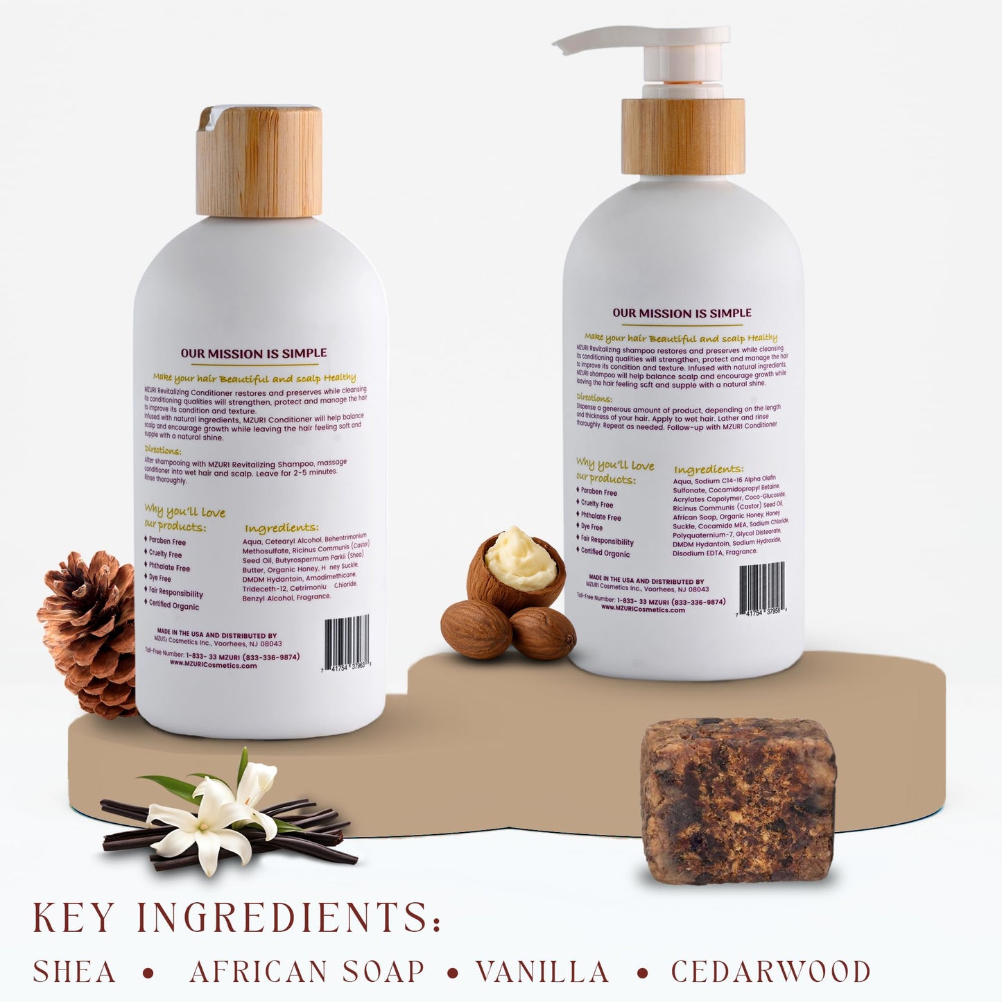 MZURI Shampoo & Conditioner Set - African Black Soap & Shea Shampoo + Vanilla Cedarwood Conditioner | Sulfate-Free Hydrating Cleanse, Detangling Frizz