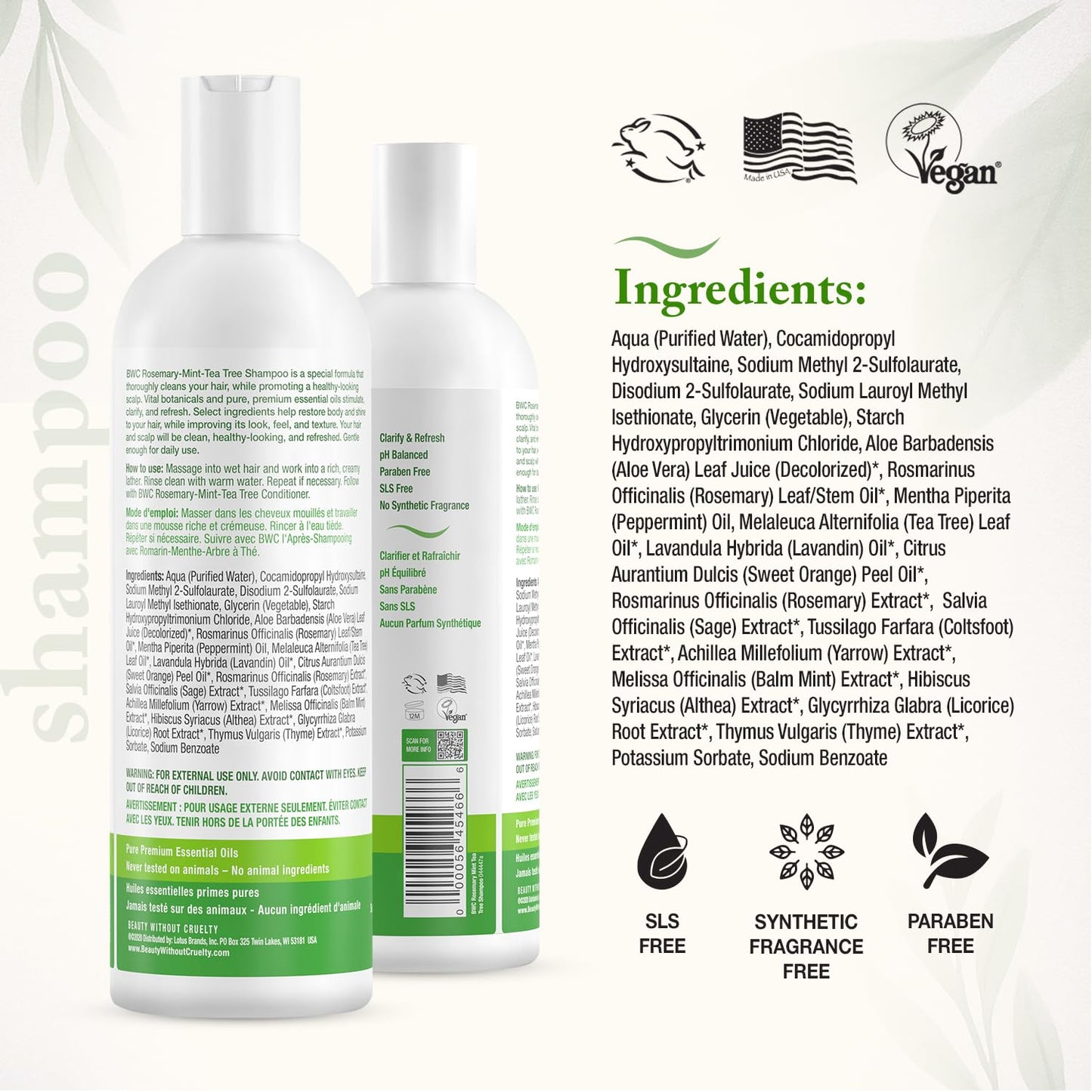 Beauty Without Cruelty Shampoo and Conditioner Set, Clarifying Rosemary Mint Tea Tree - Aromatherapy Hair & Scalp Treatment, SLS-Free, Vegan-Friendly