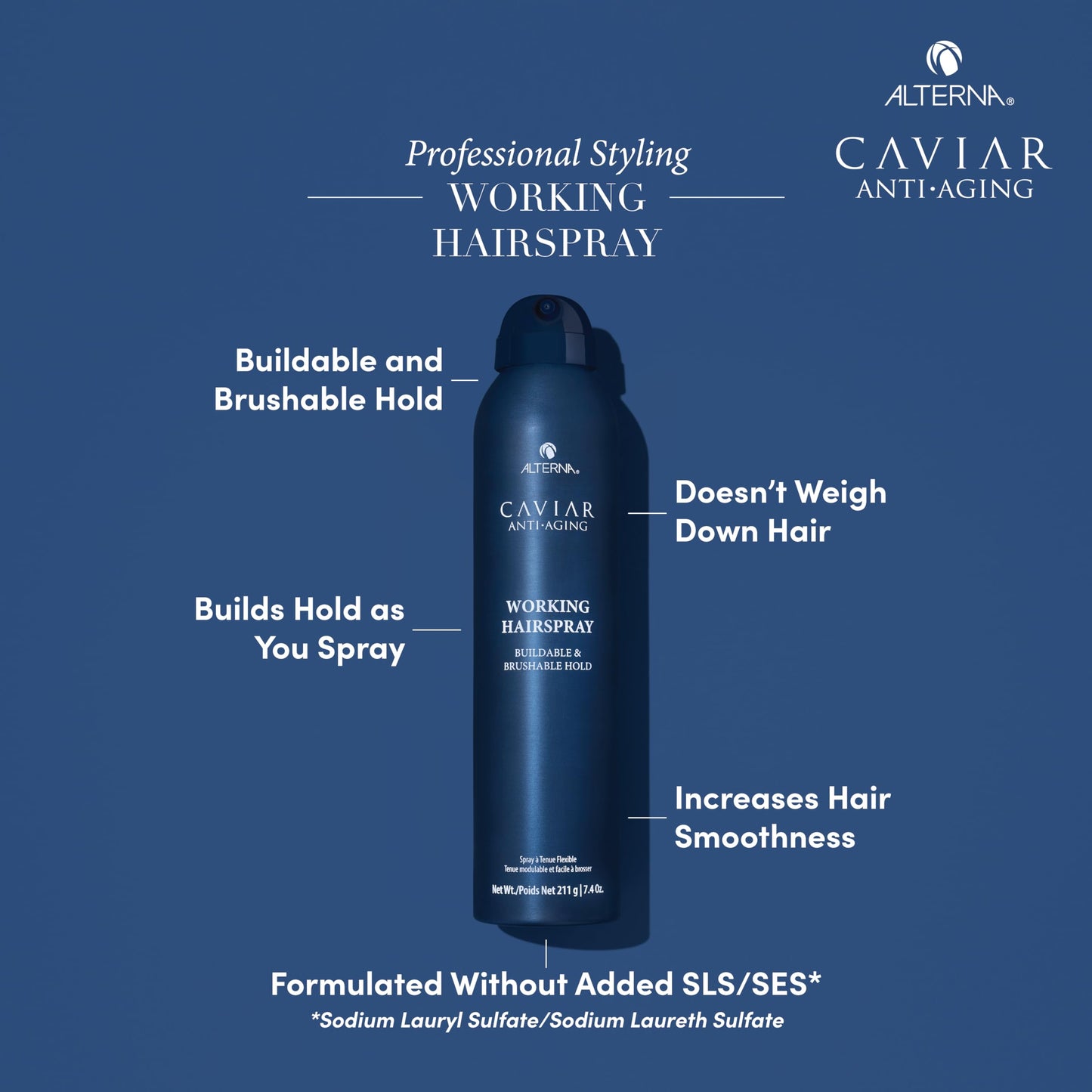 Alterna Caviar Working Hairspray | Buildable, Brushable Hold | Helps Control Frizz & Adds Shine | Sulfate Free, 7.4 Fl Oz (Packaging May Vary)