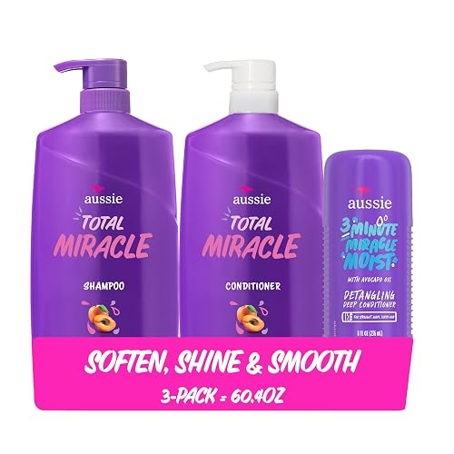 Aussie Total Miracle Hair Care Bundle: Shampoo, Conditioner, and 3 Minute Deep Treatment with Apricot & Macadamia Oil, Paraben-Free for Damaged Hair