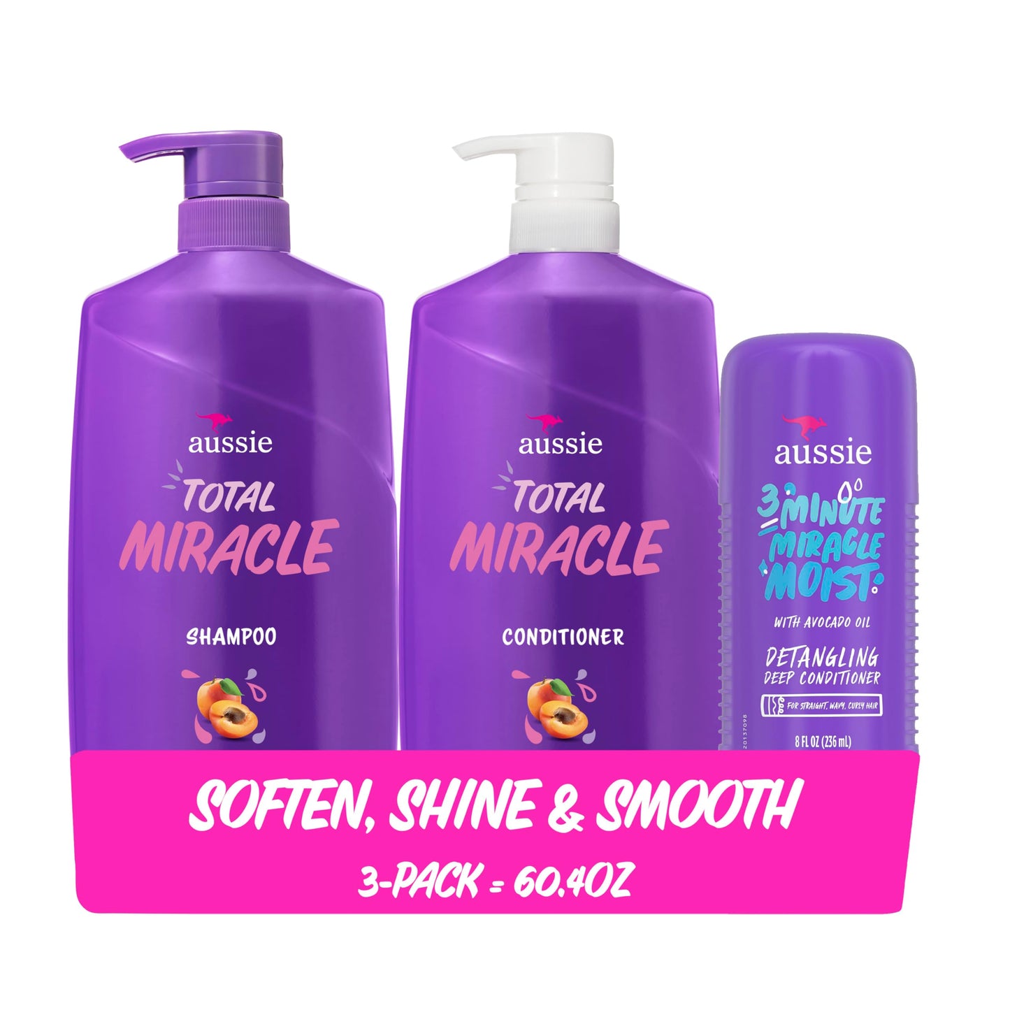 Aussie Total Miracle Hair Care Bundle: Shampoo, Conditioner, and 3 Minute Deep Treatment with Apricot & Macadamia Oil, Paraben-Free for Damaged Hair